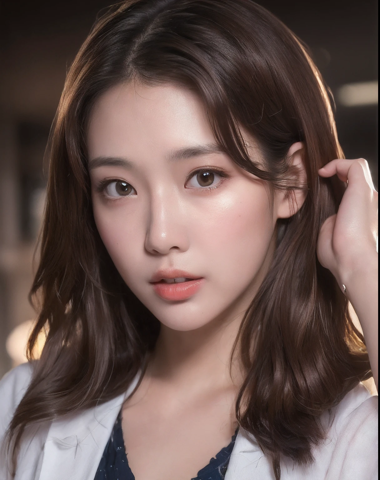 ((Best quality, 8k, Masterpiece :1.3)), Sharp focus :1.2, A pretty woman with perfect figure :1.4, Slender abs :1.2, ((Dark brown hair, Big breasts :1.2)), (White button up long shirt :1.1), City street:1.2, Highly detailed face and skin texture, Detailed eyes, Double eyelid