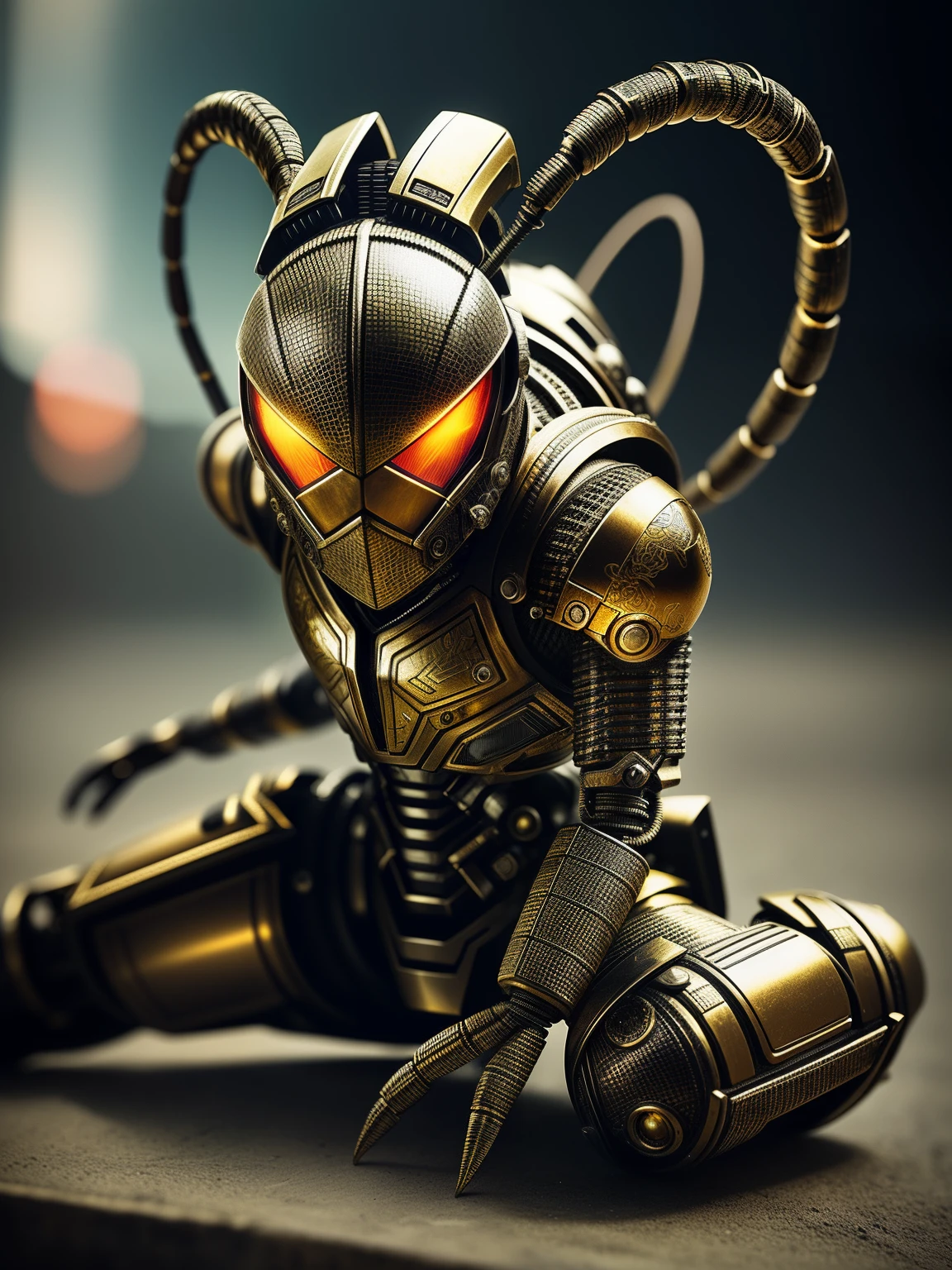 A scorpion made of metal, (cyborg:1.1), ([tail | detailed wire] :1.3), (Intricate Detail), HDR, (Intricate Detail, Hyper Detailed:1.2), cinematic shot, vignette, centered