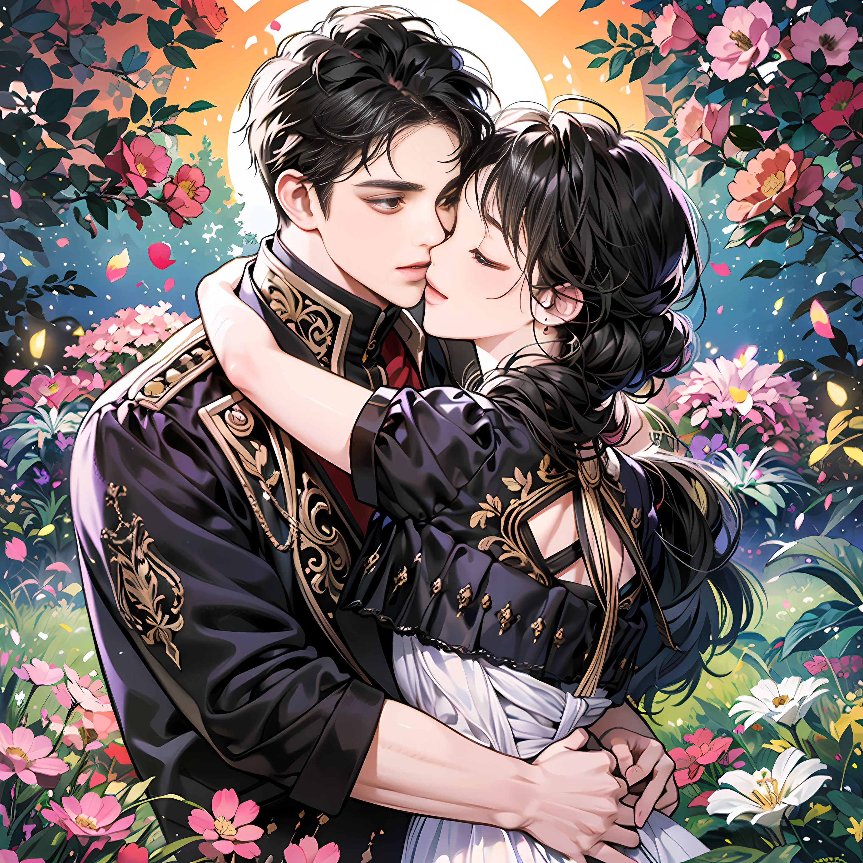 Photorealistic, Masterpiece, Best Quality, Two Other, Couples, Hetero, One Man and One Woman, Black and black Hair, Height Difference, Different Colors, Happiness, Love, Landscape Full of Flowers, Forehead, Hugging from Back, (Upper Body 1.3), Closing Your Eyes