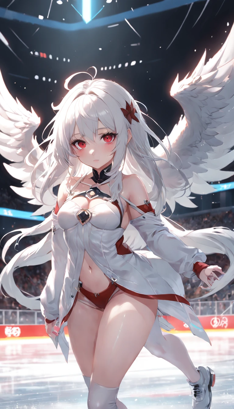 (masterpiece:1.5),(bestquality),highlydetailed,ultra-detailed,1girl,bishoujo,stare,red eyes,(beautiful detailed eyes:1.2),(long hair:0.8),(white hair:silver_hair:0.5),(Wing-like bangs:ahoge),Dull hair,(Medium chest: C cup:0.7),Hair rings,braid,cold,Anime figure skating on ice in large indoor arena, Ross Tran style, trending on artstation pixiv, Guweiz in Pixiv ArtStation, Guweiz on ArtStation Pixiv, author：ross tran, Digital art on Pixiv, In the style of Ross Tran, Ross Tran 8 K, Smooth anime CG art, ross tran. scenery background