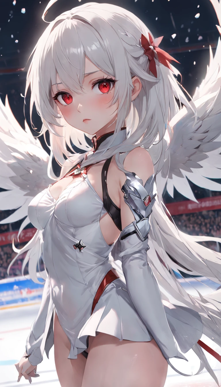 (masterpiece:1.5),(bestquality),highlydetailed,ultra-detailed,1girl,bishoujo,stare,red eyes,(beautiful detailed eyes:1.2),(long hair:0.8),(white hair:silver_hair:0.5),(Wing-like bangs:ahoge),Dull hair,(Medium chest: C cup:0.7),Hair rings,braid,cold,Anime figure skating on ice in large indoor arena, Ross Tran style, trending on artstation pixiv, Guweiz in Pixiv ArtStation, Guweiz on ArtStation Pixiv, author:ross tran, Digital art on Pixiv, In the style of Ross Tran, Ross Tran 8 K, Smooth anime CG art, ross tran. scenery background