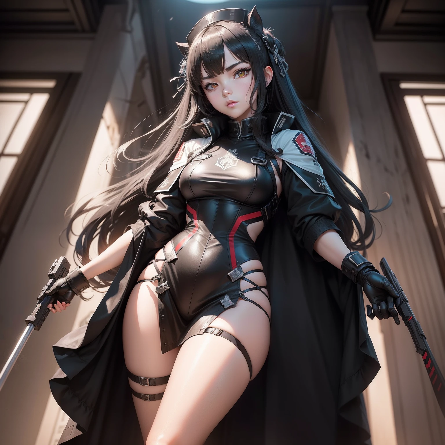 Black-haired mech girl,Inspired by the J-20 fighter,Mecha are mainly gray seductive anime shoujos, Anime figure; Full-body art, White skin,Chu Chu can be a man,Without losing the firmness of the warrior,In his left hand he holds a black metal spear 130 cm long,Holds a black unicorn shield in his right hand,Take a serious stance,Girls Frontline CG, lollipop, from girls frontline, kancolle, last exile anime, Fine details. Girl front, Kantai collection style, Girl front, Official artwork