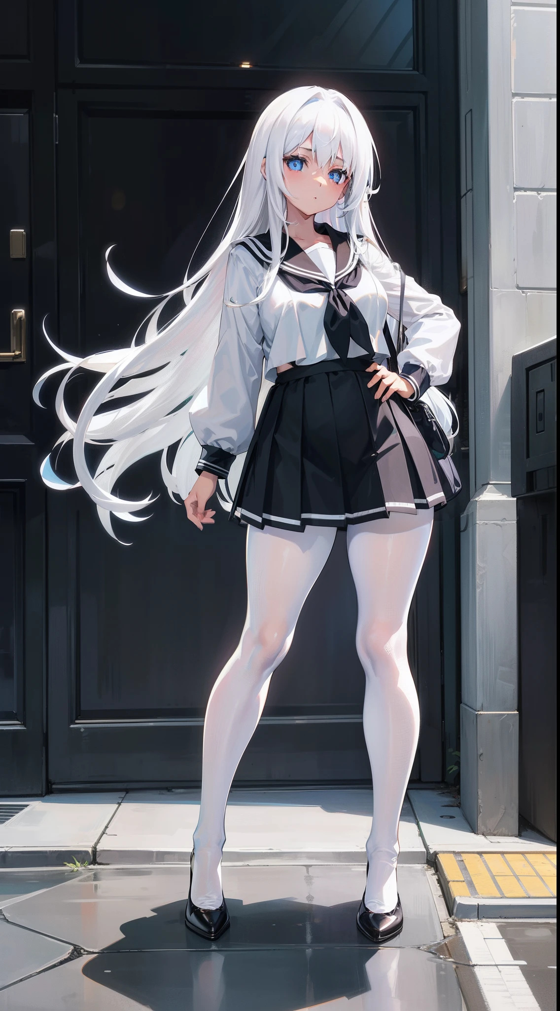 Long white hair, Blue eyes, Black pleated skirt,Inside was a white sailor suit,Wearing black pantyhose, Plump body, An anime character, Only one person,Drinking brown drinks on the street
