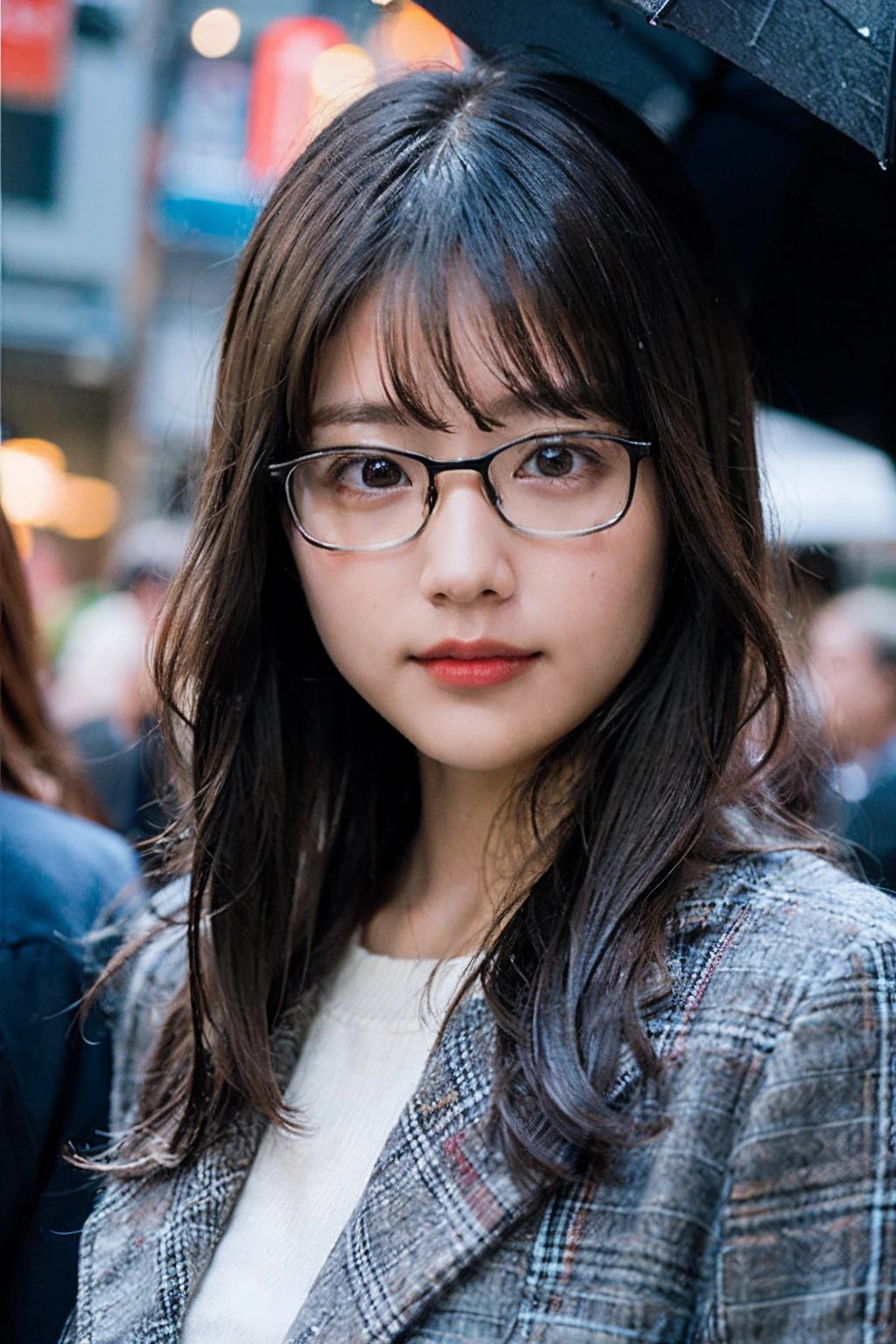 (8K、Raw photography、top-quality、masterpiece:1.2)、(realisitic、Photorealsitic:1.37)、ultra-detailliert、超A high resolution、女の子1人、see the beholder、beautifull detailed face、A smile、Constriction、(Slim waist) :1.3)、Beautiful detailed skin、Skin Texture、Floating hair、Professional Lighting、In the rainy city、Hair or clothes are a little wet、Square glasses with black rimming、Whole human body、Brown hair