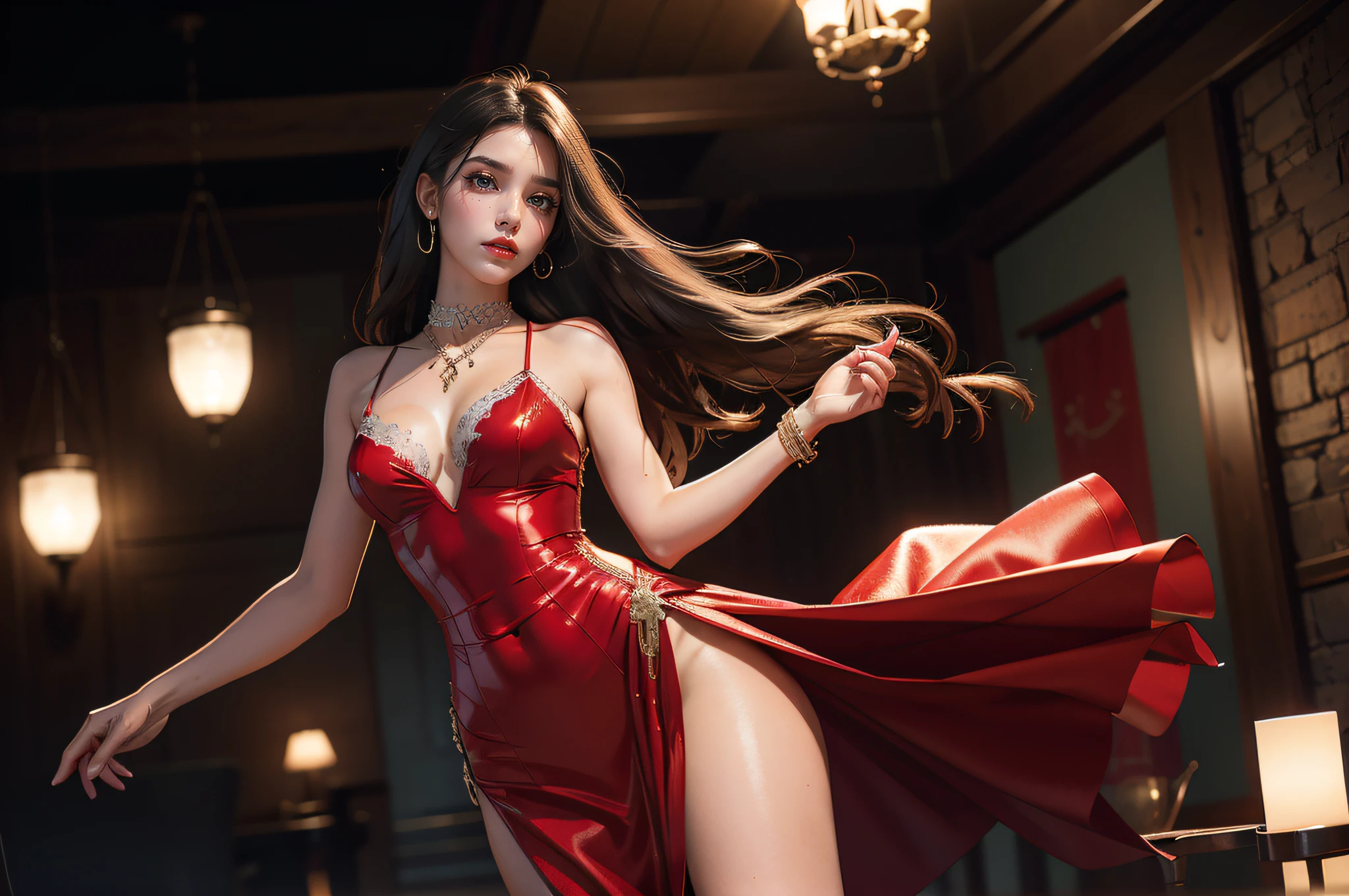BestWorks,Ultra-high quality work,8K HD CG production,High-quality graphics,3D HD CG photos,Ultra-high pixel,Super refined:1.1,technical detail:1.1,Interior lighting effects:1.1,Natural dimming,Light effect,Super high resolution,Fashion clothing photos,Egyptian female face,Ancient Cleopatra,Cleopatra's face,Long black hair,Clear strands of hair,Careful hair texture(Premium hair details:1.1)Beautiful and delicate eyebrows and eyelashes,largeeyes,Light red eyes,Sexy red lips,Perfect lip shape,clear skin texture,wetted skin(Advanced facial details:1.1)The face of the flawless goddess,Perfect body shape,Suitable for supermodels,Cocked buttocks,Small man's waist,Long legs,(Premium body details:1.1),Glossy,Wear evening dresses,Sequin evening dress,Dress dress,Silk scarf,Lace dress(Premium lace detailing:1.1)Gold leaf art,high-heels,stocklings,Wear jewelry,耳Nipple Ring,choker necklace,Bracelet,At the dinner party,fully body photo,Costume art photos,High quality work(Advanced skin details:1.1)(Advanced skin types:1.1)(wetted skin:1.1)
