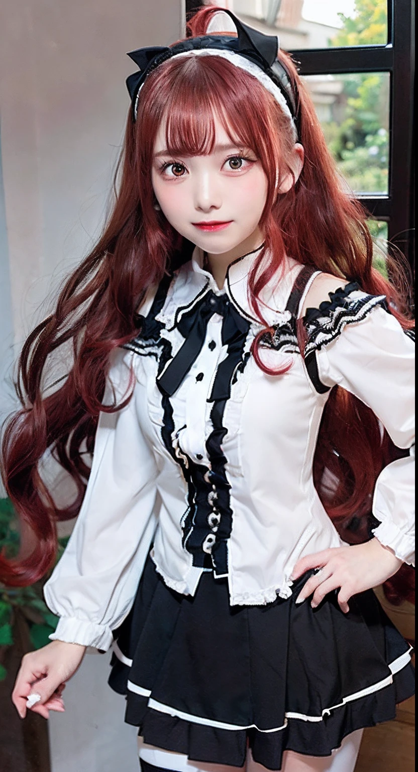 Best Quality, (masutepiece:1.2), Detailed, 1girl in, Solo, Open mouth, Smile, Long hair, (Red hair:1.4), Ahoge, Red Eyes, (black hairband:1.4), White Dress, Bare shoulders, Neck ribbon, a black ribbon, Dark brown skirt, Long sleeves, (White pantyhose:1.2),  window、cute little、a picture