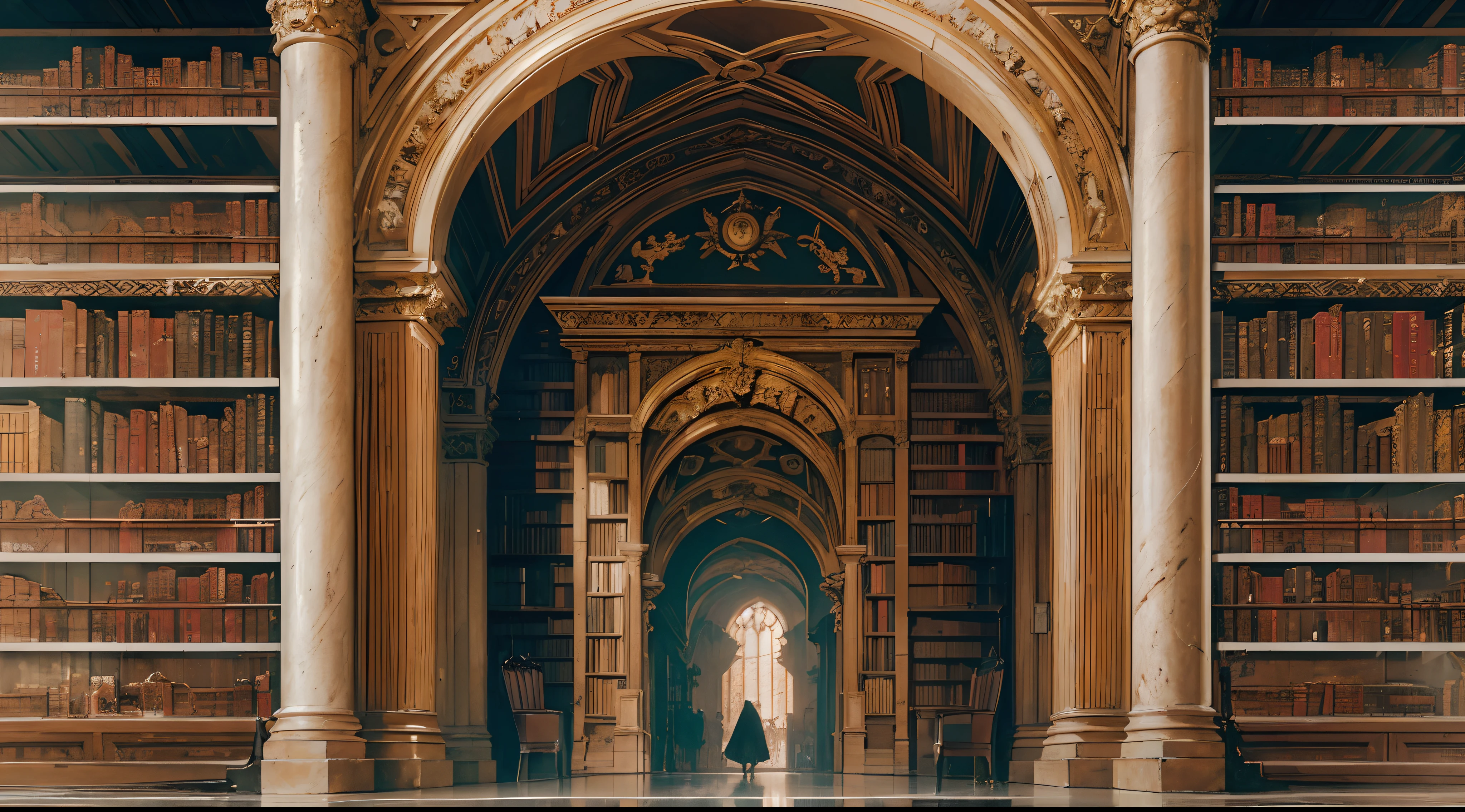 (by Greg Rutkowski: 1.2), ((no human)), fantasy, (massive bookshelf in a grand library), dynamic lighting, symmetrical angles shot, architectural, silent, vibrant atmosphere, sharp focus, (photorealism: 1.4), (intricate: 1.4) (masterpiece: 1.4) (illustration: 1.4), post-processing, 8k resolution.