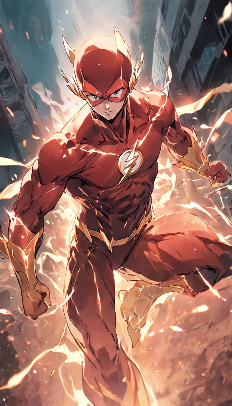 the flash in action, mcu, running pose, ultra detail, 8k, Jim Lee's Artstyle, DC comics, seen from the front, cold face, hunk, tall