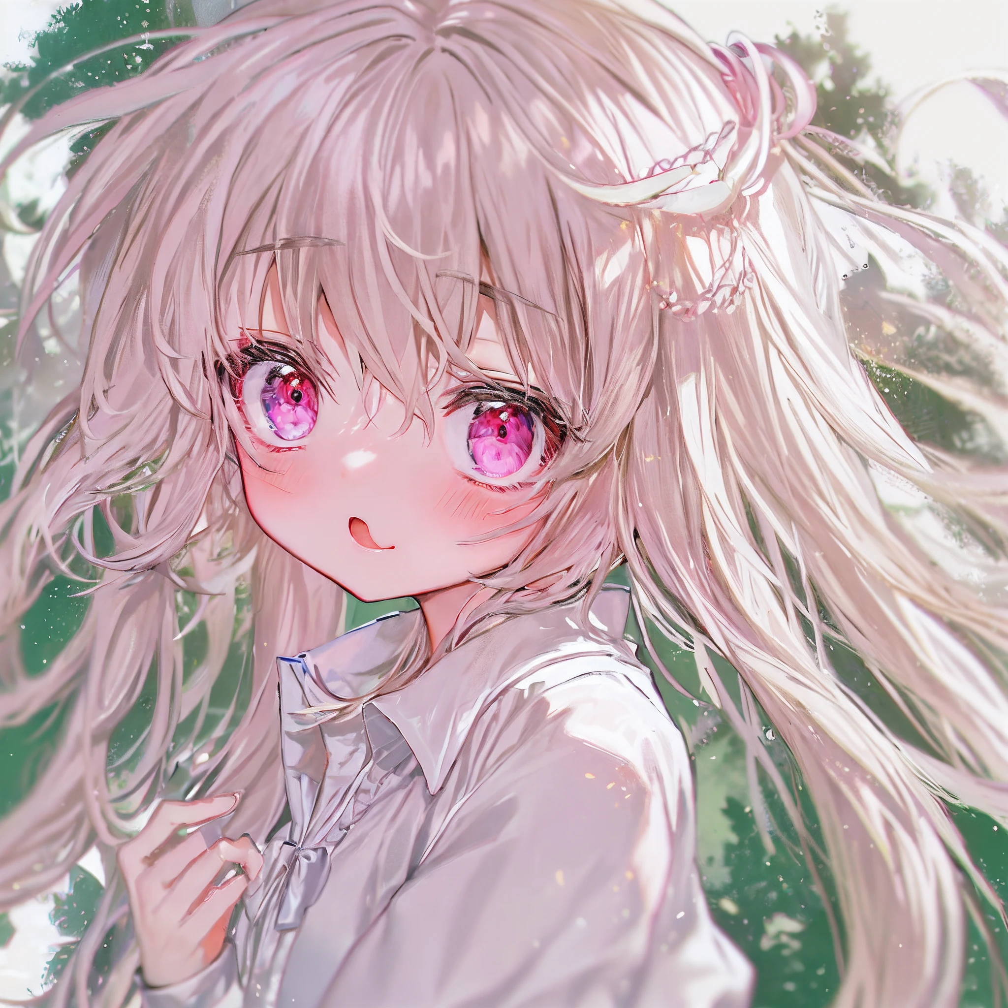 Anime girl with long hair and pink eyes in a white shirt, Soft anime illustration, cute anime face, Cute anime girl, extremely cute anime girl face, Cute natural anime face, anime visual of a cute girl, Cute anime, little shy smile, Cute anime girl portrait, cute anime girl portraits, small curvaceous , cute kawaii girls, with huge luminous sad eyes