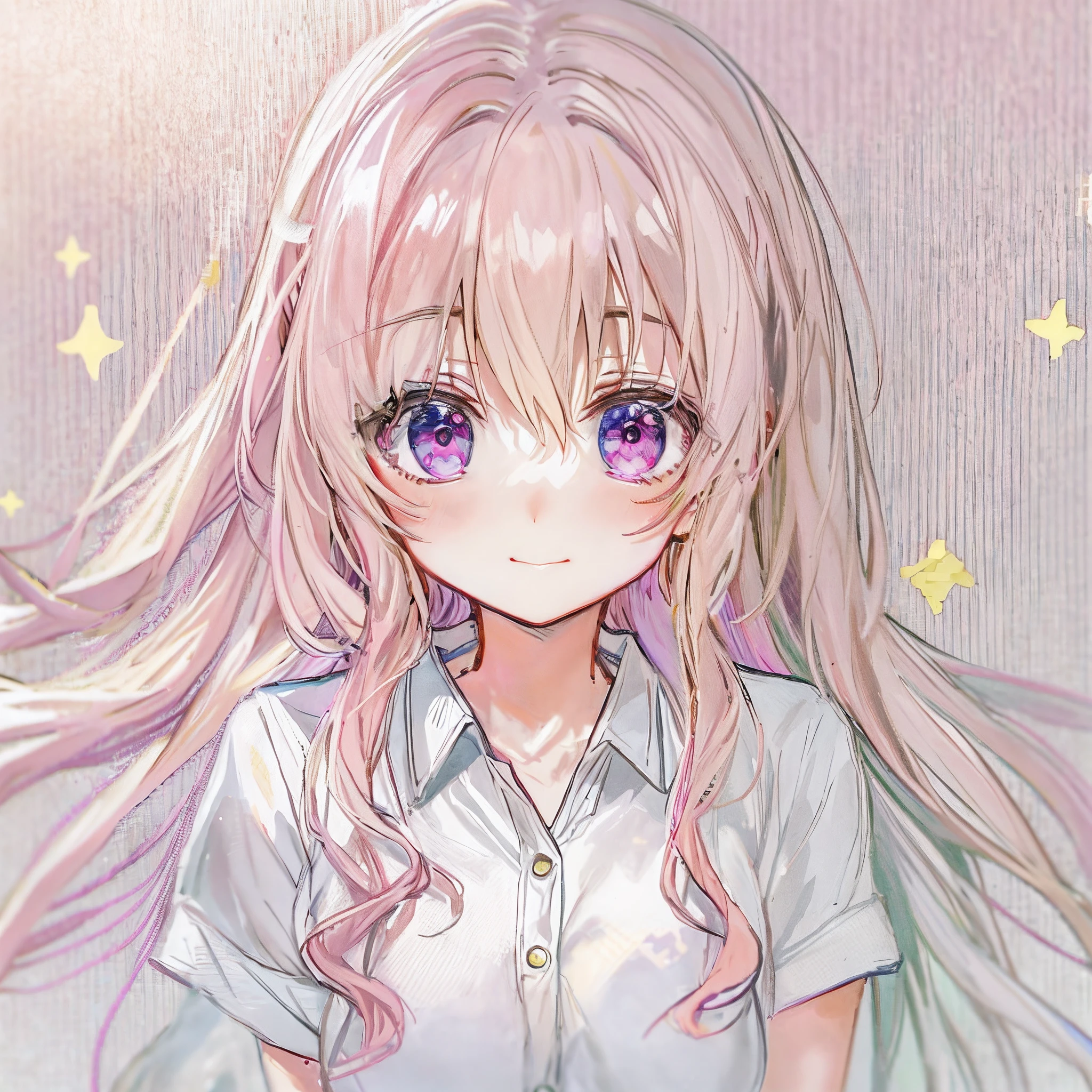 Anime girl with long hair and pink eyes in a white shirt, Soft anime illustration, cute anime face, Cute anime girl, extremely cute anime girl face, Cute natural anime face, anime visual of a cute girl, Cute anime, little shy smile, Cute anime girl portrait, cute anime girl portraits, small curvaceous loli, cute kawaii girls, with huge luminous sad eyes