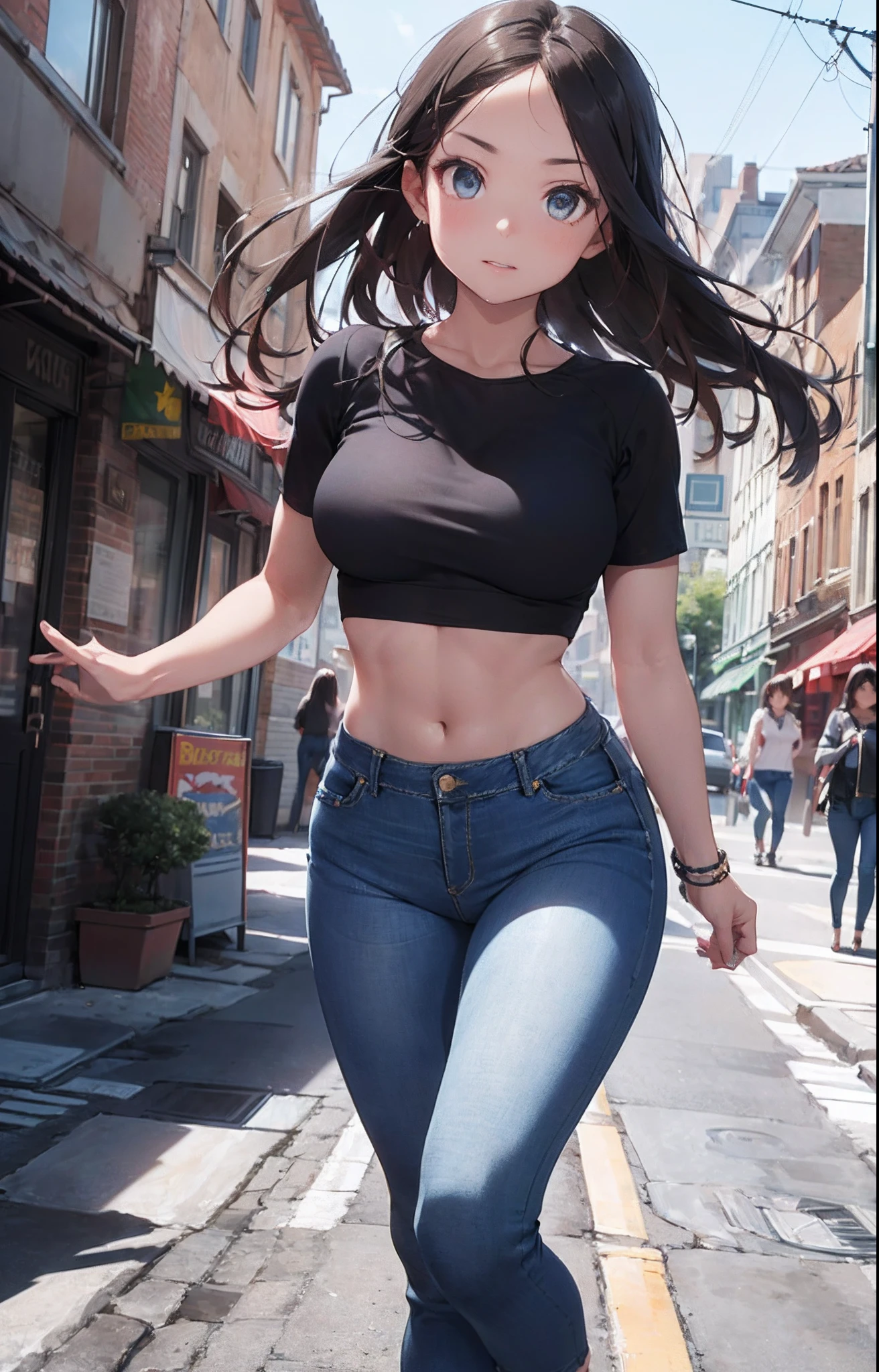 (Official art、Best Quality、Unity 8k Wallpapers、32K、masterpiece、ultra-detailliert、超A high resolution、realisitic、Photorealsitic:1.2)、(Cinematic lighting:1.2)、Fireglow effect、The grainiest shadow of the film、Rim lighting、side lights、sideshot、(ultra-detailliertで複雑な3Dレンダリング)、Detailed beautiful face and eyes、A slender、Medium bust、(Full body:1.2)、 Highly detailed background、beauitful face、blurry backround、-yeld beiful girl、(ultra-detailliertなスキン、detailed skin textures:1.3)、A dark-haired、Hip Hop Cable、(thighs thighs thighs thighs:0.8)、Knitted sandals、(((Sea sand beach)))、Smile with open mouth、(Satin Narico),Blue eyes,((Navel T-shirt,Blue shorts))