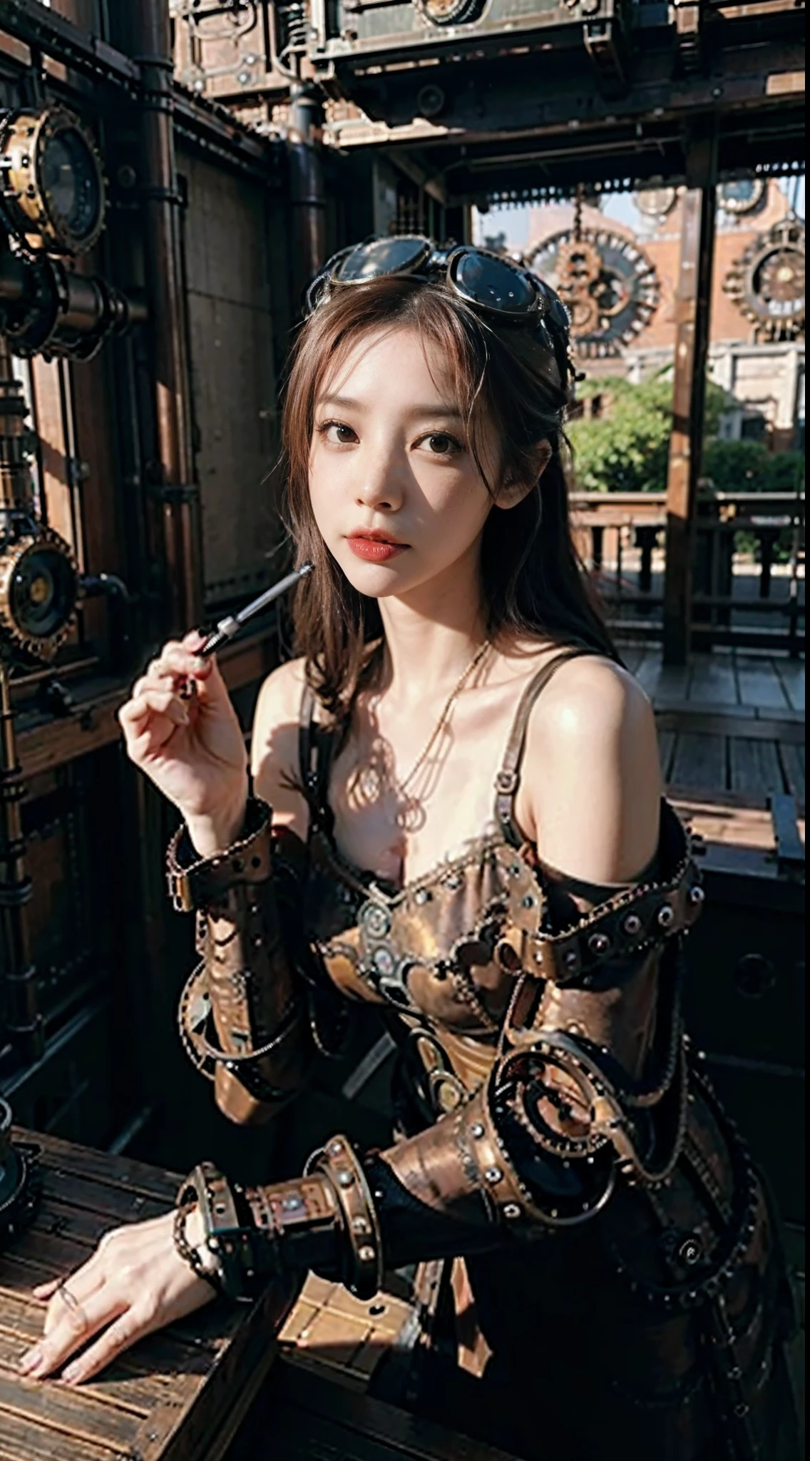 (8k, RAW photo, best quality, mastery:1.2), (realistic, photo-realistic:1.37), (aegyo sal:1), malicious Steampunk gal, (Asian Steampunk:1.8), tatooed, natural light, sunlight, photon mapping, radiosity, physically-based rendering , cosplay, steampunk googles, red hair, mechanical parts, grey eyes, steampunk hat, Kyoto garden, japanese garden in background, water, bonsai, sexy, smoke, looking at viewer,, 8k high res, 8k, CG wallpaper, Realistis, crisp background, exaggerated breasts, full bodylesbian