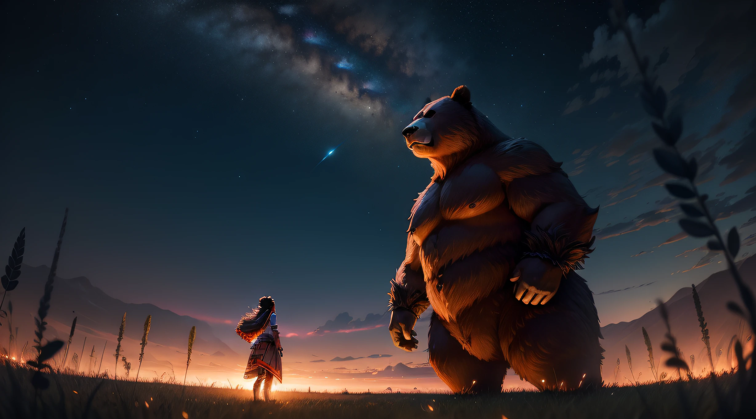 night on the grassland, 1 giant bear ,1 Red Indian girl, tradictional costume, fireflies , brilliant landscape, 3 point composition perspective, galactic flow lighting, unreal engine 5, description Scene details along the horizon, 16k resolution, tilt angle,masterpiece, anime style, vivid colors