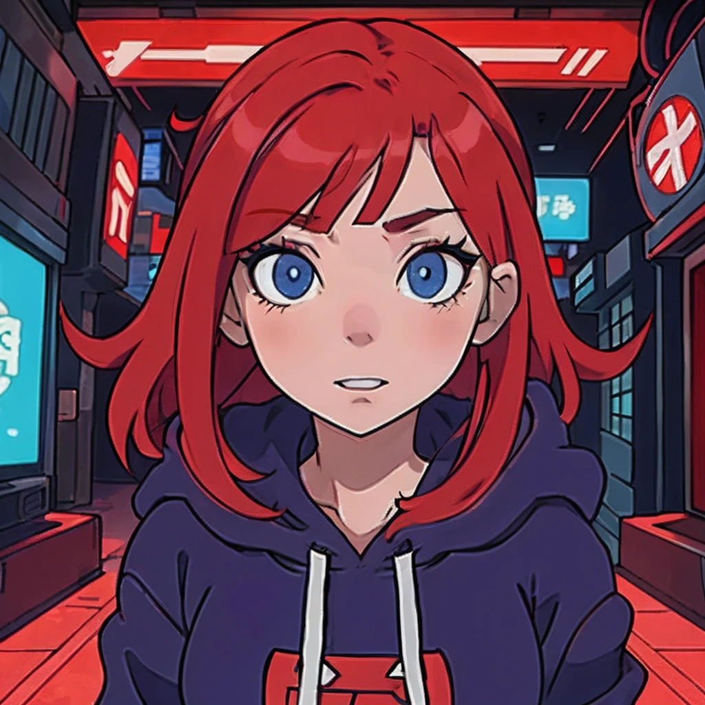 anime girl with red hair and blue eyes in a hoodie, she has red hair, in an anime style, in a hoodie, with red hair, in anime style, anime style character, iwakura lain, anime moe artstyle, anime style portrait, [[[[grinning evily]]]], cyberpunk anime girl in hoodie, (anime girl)