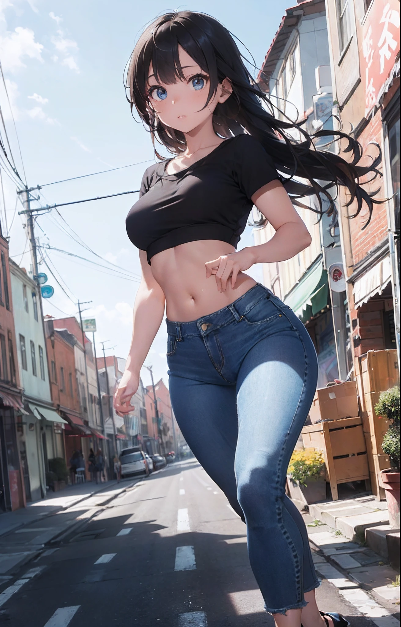 masterpiece, extremery magnificent view, perspective, extremery best quality, extremery detailed CG, 8k wallpaper, high resolution, highly detailed face, highly detailed eyes, perfect anatomy, super detailed skin,
(dynamic angle, dynamic pose:1.2), outdoors, city street, (portrait, legs focus, full body shot), (beautiful face, beautiful eyes, beautiful legs:1.3), 
1 girl, solo, (black cropped top, blue jeans pants:1.3), sexy cropped top, (skinny jeans:1.3), medium breasts, brown hair, long hair, straight hair, open forehead, (black heels), blue eyes, short sleeves, (navel:0.8), skinny, slender, wide hips, thin waist