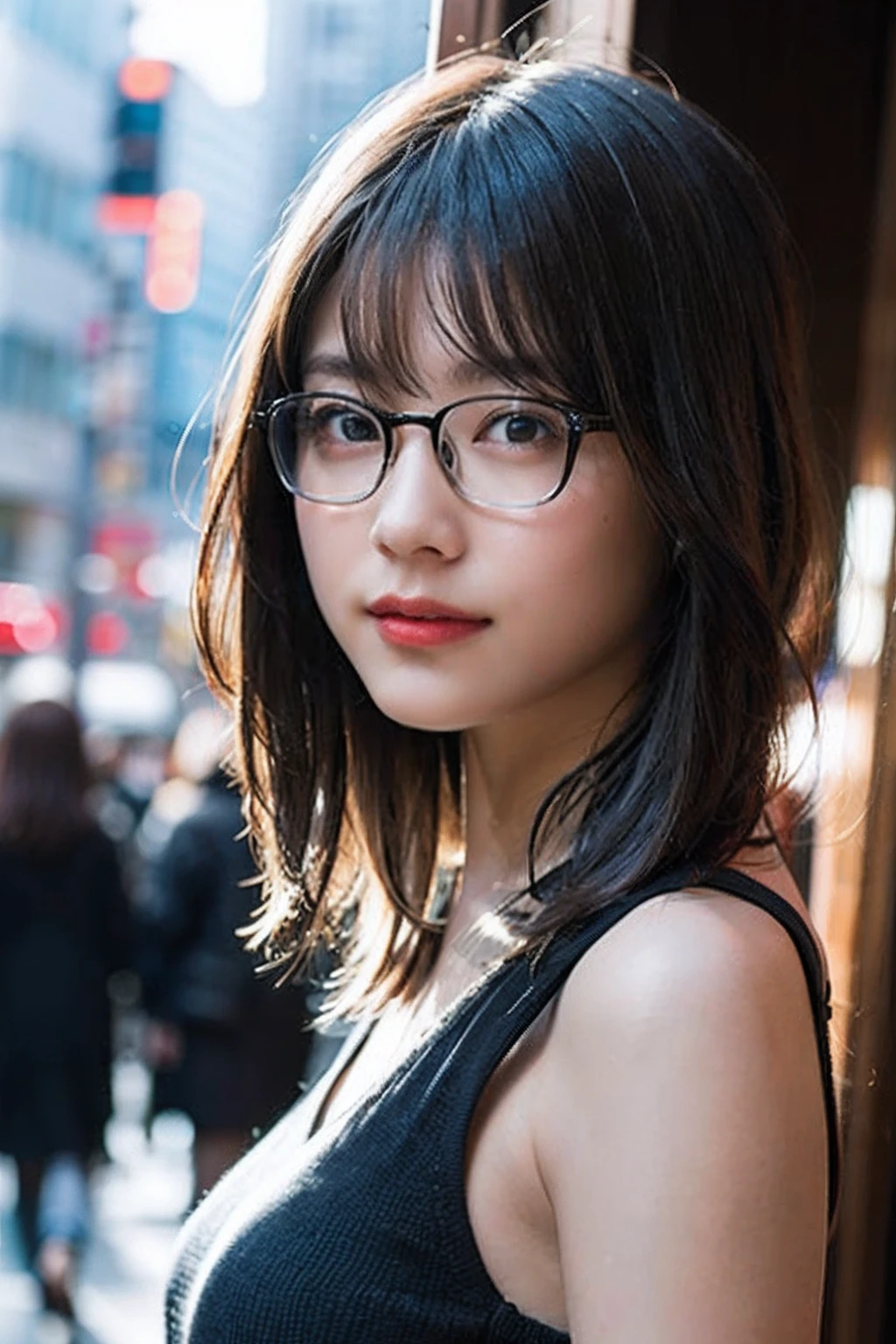 (8K、Raw photography、top-quality、​masterpiece:1.2)、(realisitic、Photorealsitic:1.37)、ultra-detailliert、超A high resolution、女の子1人、see the beholder、beautifull detailed face、A smile、Constriction、(Slim waist) :1.3)、Beautiful detailed skin、Skin Texture、Floating hair、Professional Lighting、In the rainy city、Hair or clothes are a little wet、Square glasses with black rimming、Whole human body、Brown hair