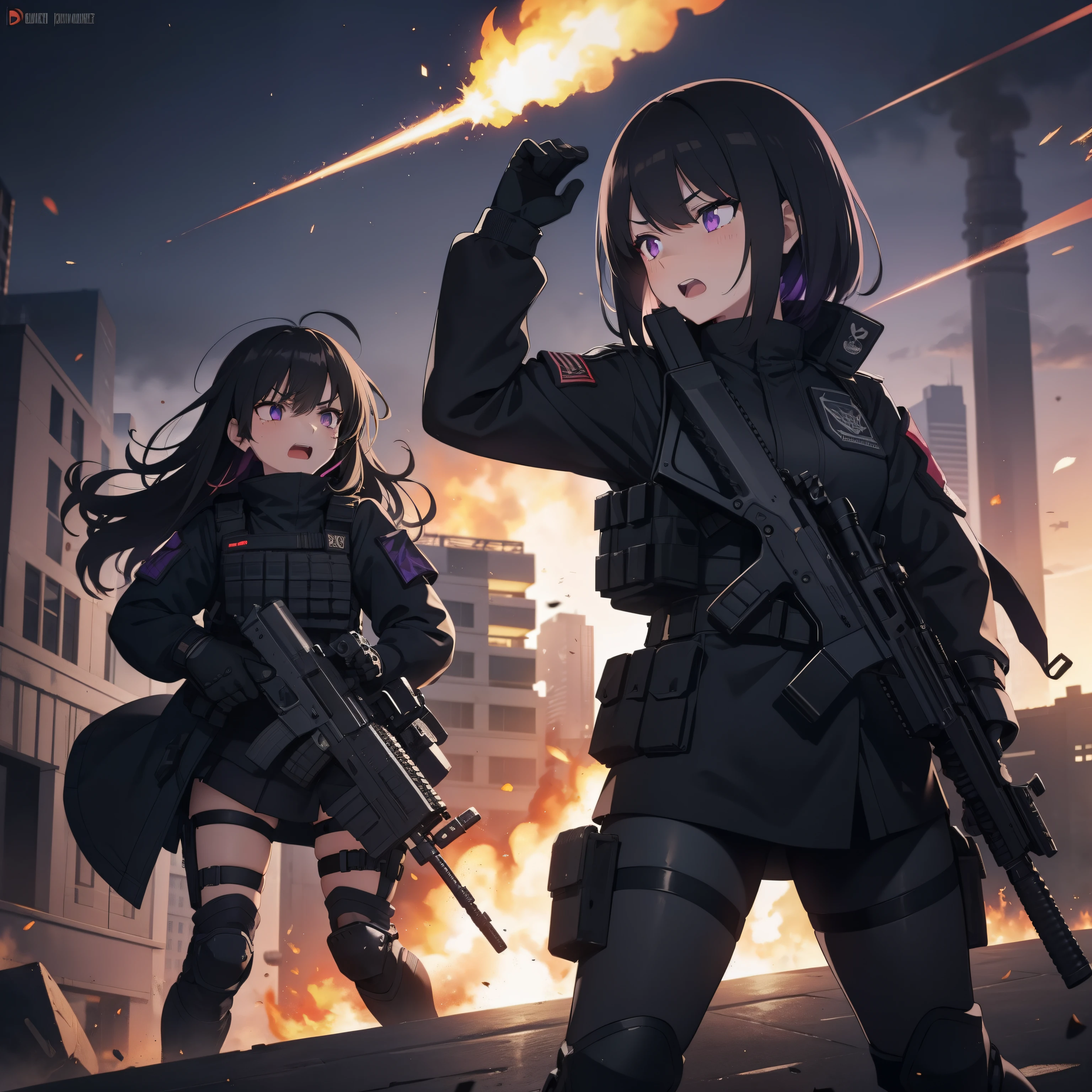 1girl, tactical black helmet, purple headset, purple eyes, grunting, black long messy hair, black camo uniform, black shoulder pads, black tactical vest, black armor pads, black handgun holster, black tactical socks, holding a handgun, bullets, stance, holding tactical radio, black skirt, angry, stressed, situation, falling, holding gun, armed, barricade, shooting, bullet rain, fire, explosion, armored van, tactical armored teammates, open mouth, shout, heavy armored team positioned, armed, 2 heavily armored personnel, 2 tactical armored men