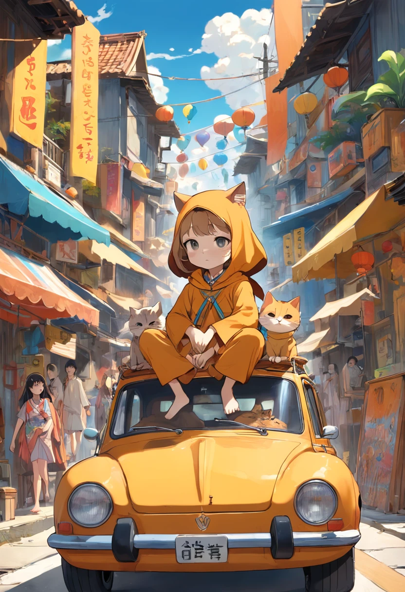 70s Hippie Era、 Cat monk rides a camel、 The driver of the yellow TYPE 2 car is also a cat、 There are many drawings on the body of the car、Road trip by the sea、 love&Peac、colourfull、A delightful、Children's stickers、