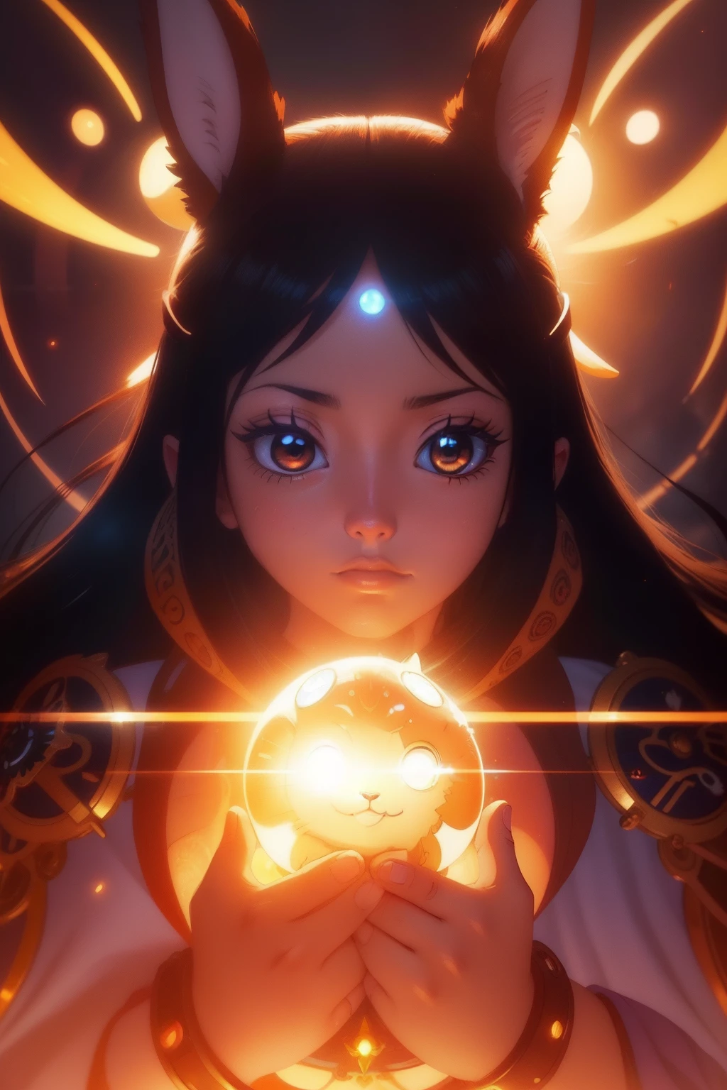 Cute and adorable rabbit, Steampunk, Futuristic, Neon lighting, Sunlight, sun beam, intricate detailes. 8K, Dreams, Super Cute, Symmetrical, Soft lighting, Trending on ArtStation, Intricate details, Highly detailed, Unreal Engine, by Ross Tran, wlop, artgerm and james jean, Brian Froud, art illustration:Miho Hirano, Namy Kanani, Oil on canvas by Aikut Aiddo, Cute big circular reflective eyes, Pixar Rendering, unreal engine cinematic smooth, intricate detailes,spiritual,crystal,