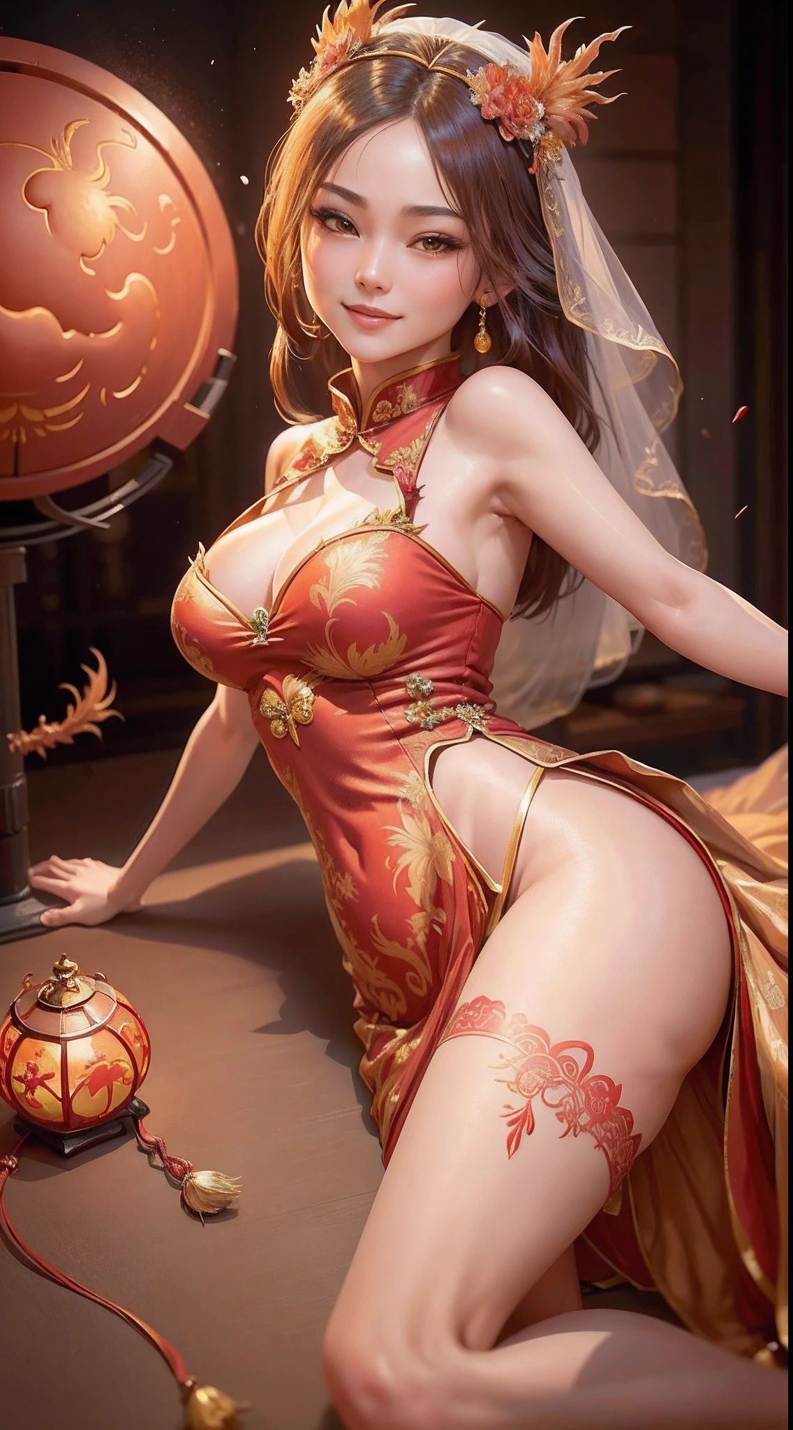 (Best quality: 1.1), (Realistic: 1.1), (Wedding: 1.1), (highly details: 1.1),A woman wearing a red and gold cheongsam,Wearing a gorgeous phoenix crown,Happy smile, Red lantern in the background。