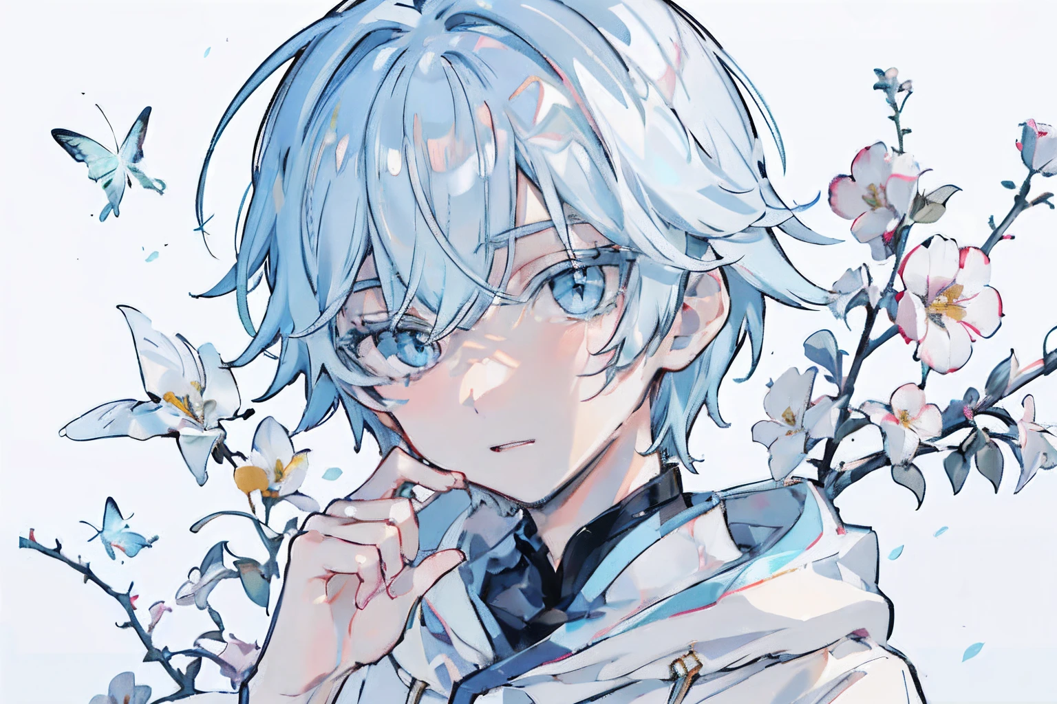 ray tracing,{best quality}, {{masterpiece}}, {highres}, original, extremely detailed 8K wallpaper, {an extremely delicate and beautiful},incredibly_absurdres,colorful,intricate detail,artbook,flower, 1 boy, light blue hair, light blue eyes, white eyelashes, white outfit, closeup portrait face