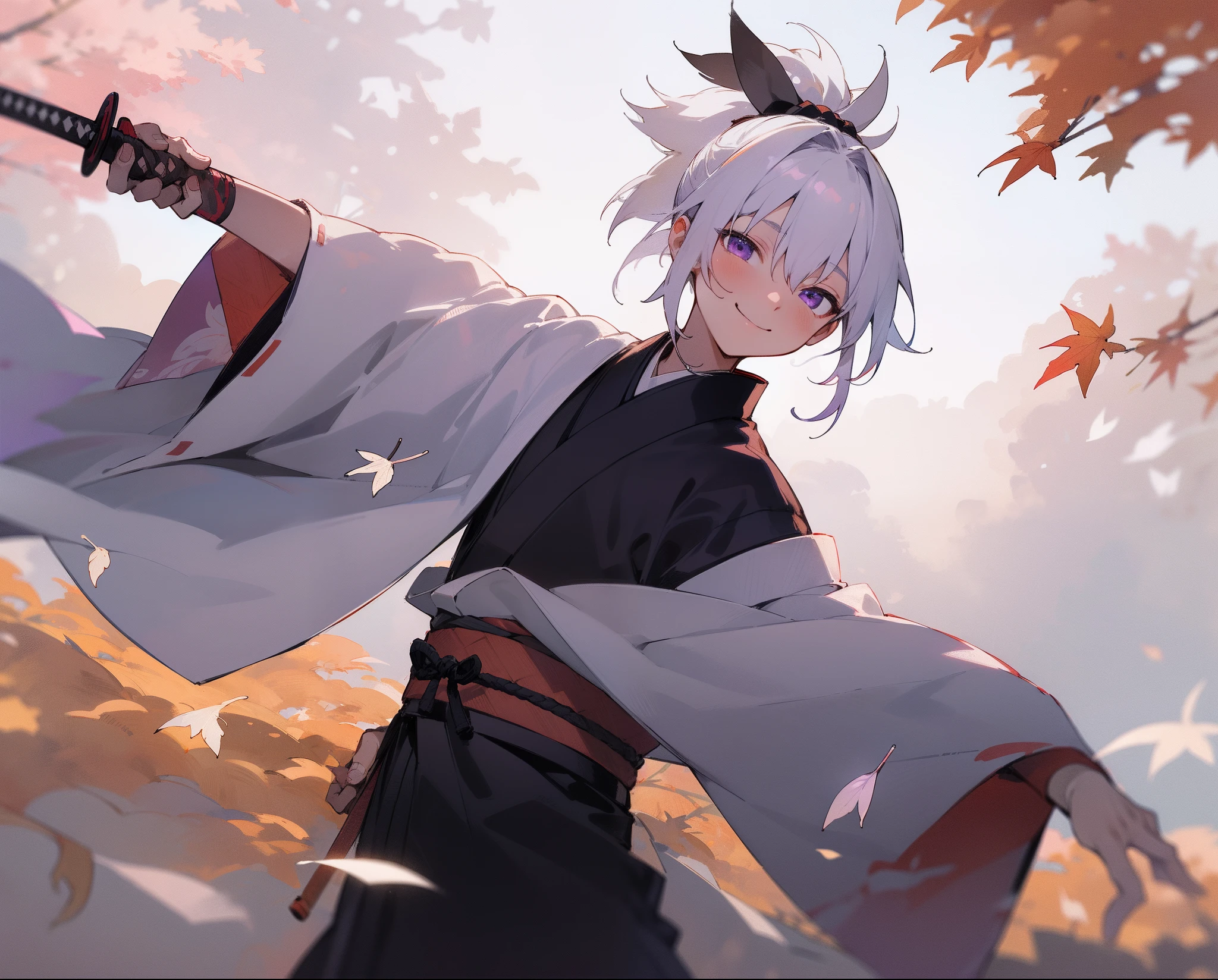 About 13 years old. Boy.shota,Samurai. Purple eyes. He is about 135 cm tall. White hair. Ponytail. White yukata. Autumn leaves. Kyoto. Smile.8k,cg,high-level image quality.top-quality,A boy in a beautiful kimono is walking down the street with a smile on his face、Holding a sword in one hand