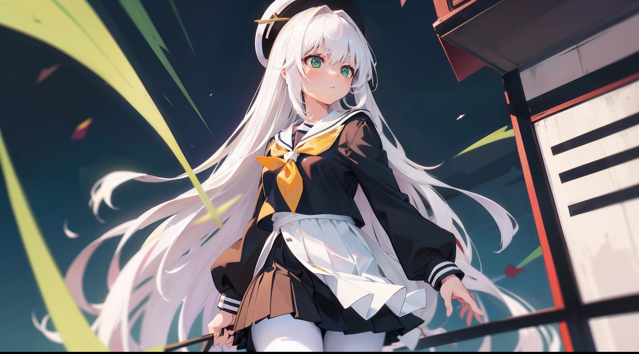 Long white hair, Green eyes, Black pleated skirt,Inside was a white sailor suit,Wearing black pantyhose, Plump body, An anime character, Only one person,Drinking brown drinks on the street