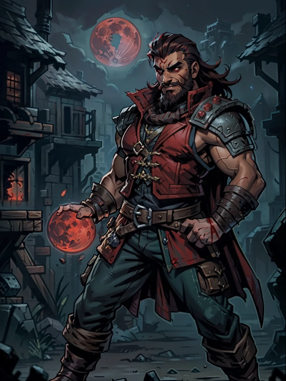 Blood moon background, Darkest Dungeon style, taking treasure. Sadurang from Marvel, hunk, buffed physics, short mane hair, mullet, defined face, detailed eyes, short beard, glowing red eyes, dark hair, wily smile, badass, dangerous. Wearing big green overcoat, armor vest, cargo pants