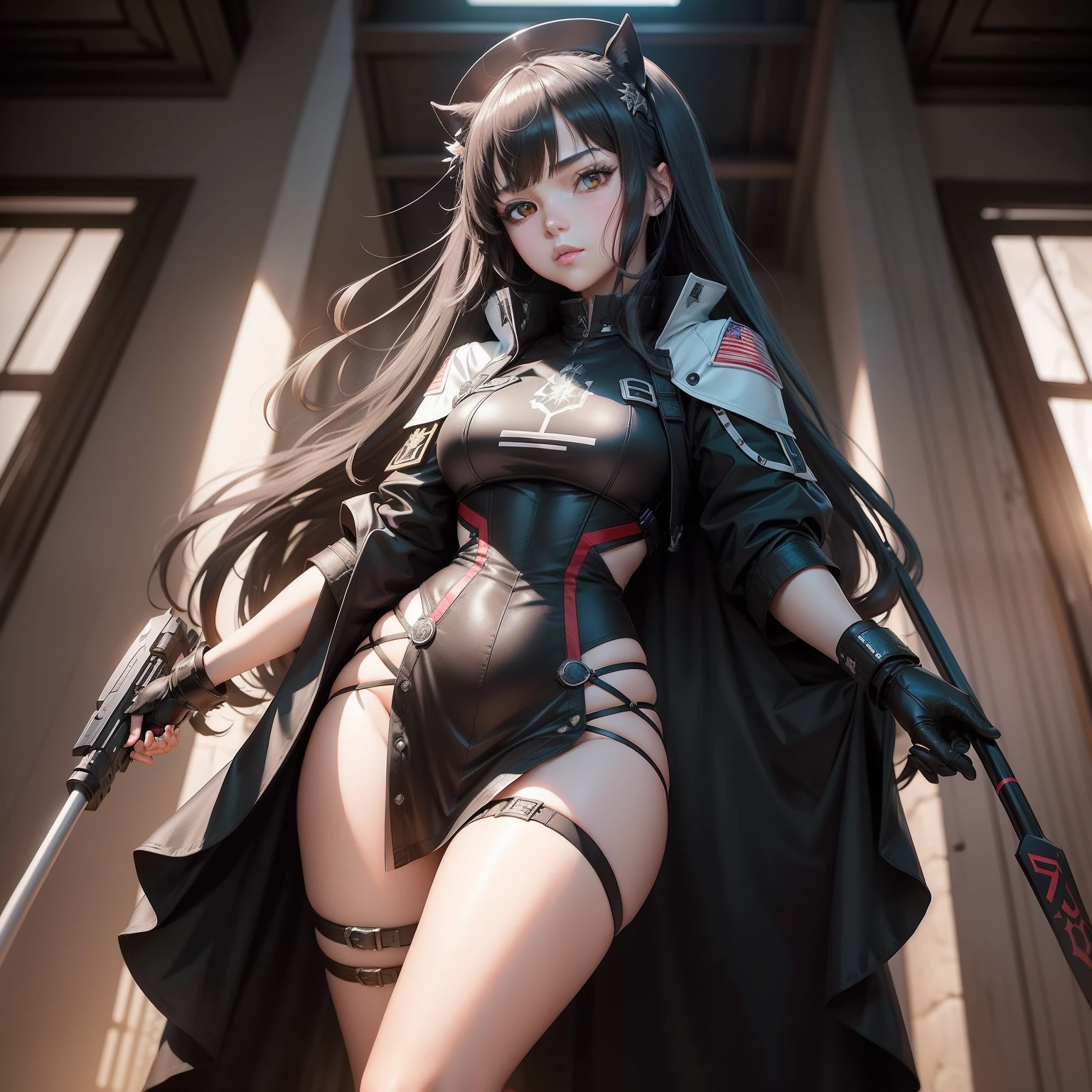 Black-haired mech girl,Inspired by the J-20 fighter,Mecha are mainly gray seductive anime shoujos, Anime figure; Full-body art, White skin,Chu Chu can be a man,Without losing the steadfastness of the fighter,He holds a 130 cm long black metal spear in his left hand。,Black unicorn shield in the right hand,Take a serious stance,Girls Frontline CG, lollipop, from girls frontline, kancolle, last exile anime, Fine details. Girl front, Kantai collection style, Girl front, Official artwork