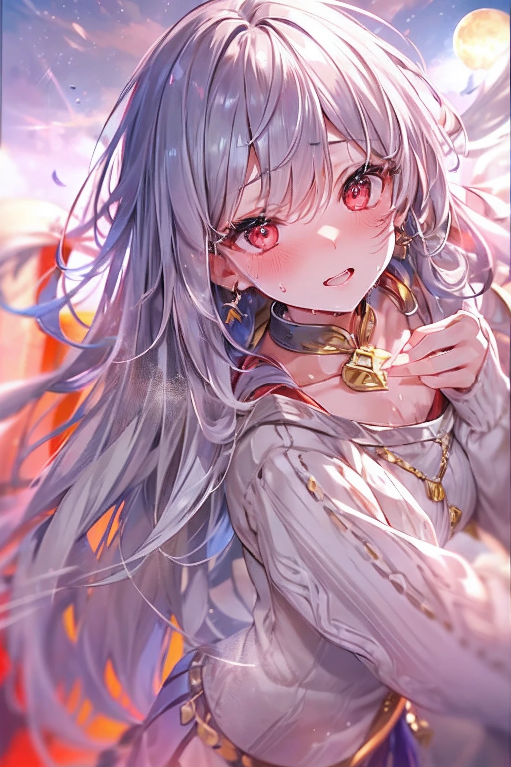 (((​masterpiece)))、(((top-quality)))、((ultra-detailliert))、(illustratio)、((extremely delicate and beautiful))、Bright smile、floating、purple color  hair、an legs、(Detailed light) (1girl in)、独奏、The long-haired、The wind is blowing、A WORLD、（cute eye）、Realistic, ultra-detailliert, (Shiny skin, full of sweat:1.4), Looking at Viewer, slender, Solo, Miniskirt, Long hair, White hair, Red Eyes, (thick thighs:0.5), Dynamic lighting,Sharp Focus, depth of fields, , Ultra-detailed face, best quality face, Adult,, 18 years old, Adult, intricate detailed outfit, Sexy Pose, Glowing red dress, Cute, kawaii,, finely detailed eyes, Blushing, Red cheeks, Realistic, Glowing eyes, Fluffy jumper, Skirt, Parted lips, blush, Night, Cute, , finely detailed eyes, Embarrassed expression, long_hair, Blushing,(skyporn\), starrysky_skyporn, full_Moon, Photorealistic, Asian, Woman, mix4