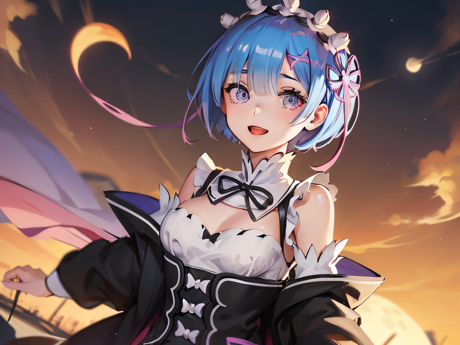 {kimetsu_no_yaiba style}, rem(Re:Zero), {1girl}, 1girl, ​masterpiece、top-quality、Blue shortcuts、Purple eyes、grinning evily、{onimous}、{tusk}、{bloods}、a moon、full bodyesbian、