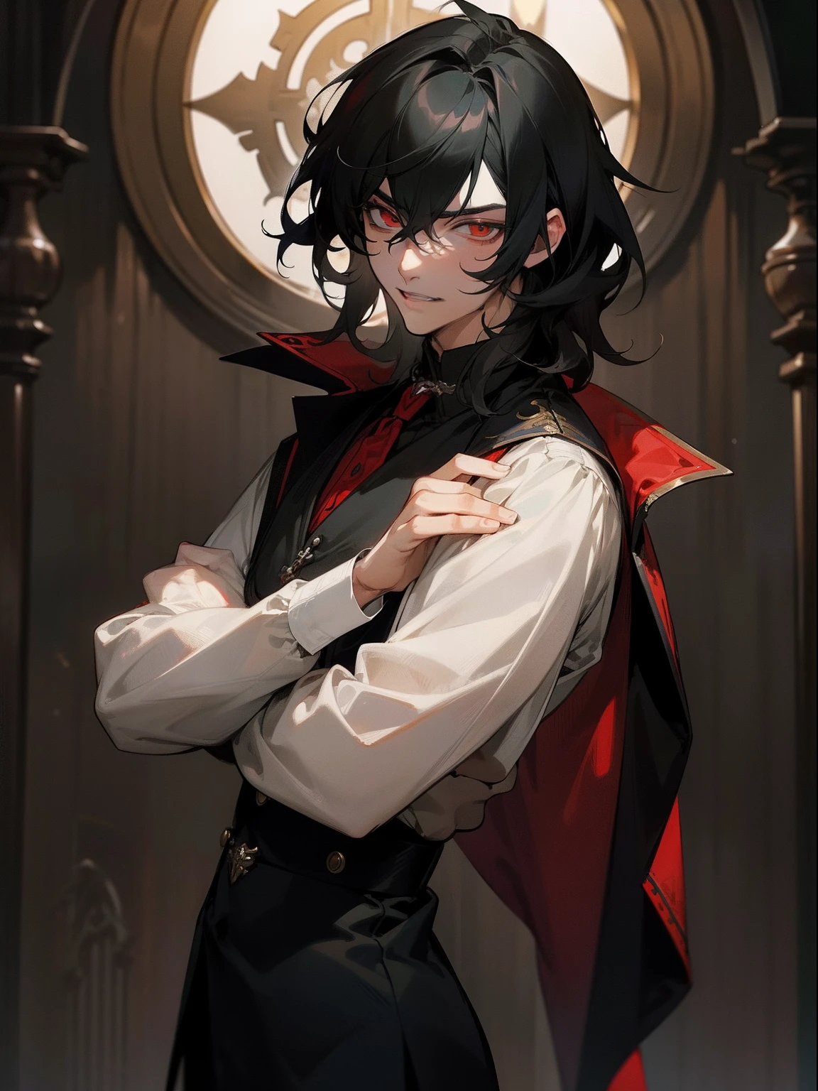 masterpiece, best quality, male character, black hair hair, red eyes, mullet, wavy hair, short hair, vampire, fangs,  religious imagery, rosary, stylized character design, high quality character design, detailed character design, great character design, male, highly detailed outfit, hot, seme, sakuma rei, antique, garter belts, frontage, lateral face, lovely boy, perfect face, detailed eyes, elegant, muscular, handsome man, dark, facing camera, bloody, gothic, vampirism, pierced ears, elegant, handsome, historic, dark background, dark room, candid, neutral face, very dark background, indoors, nighttime, relaxed, peaceful, midnight, posing, prayer, beautiful, happy, kind, gentle, tall man, sexy anime man, hot anime man