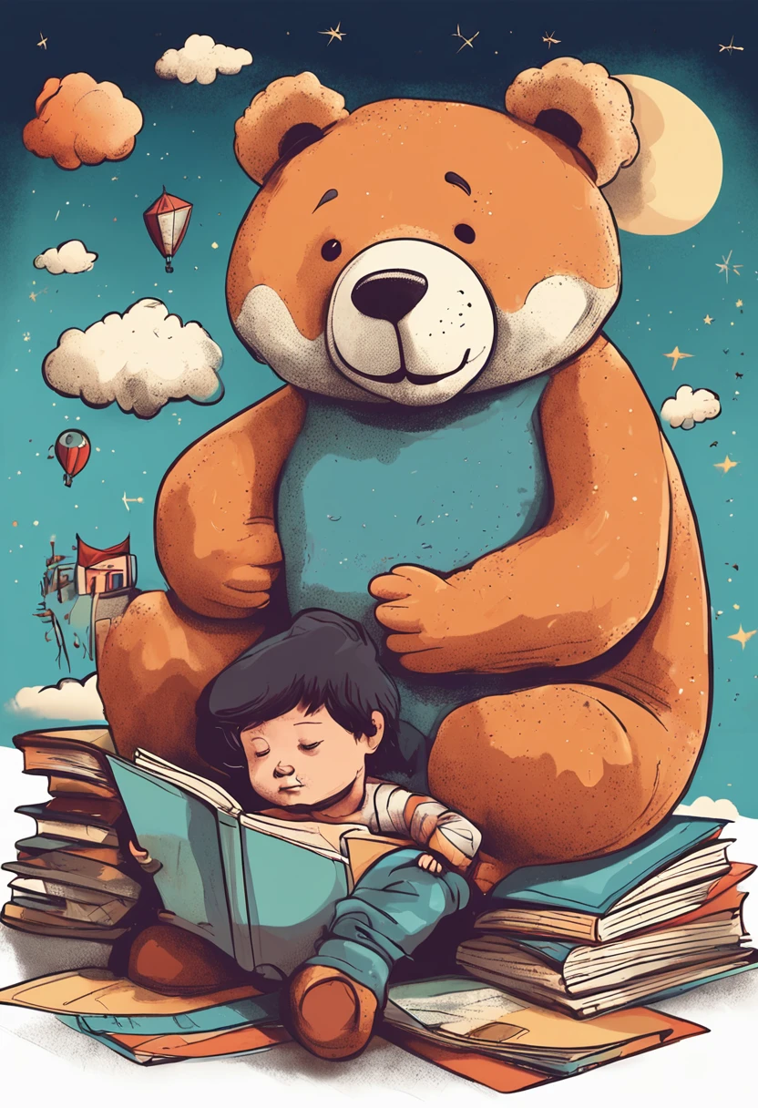 There's a child reading a book, A thought balloon where the story of friendship takes place, it's the story the child is reading, A book about emotions. Where the child is lying there are teddy bears and toys. An illuminated and fun sky.