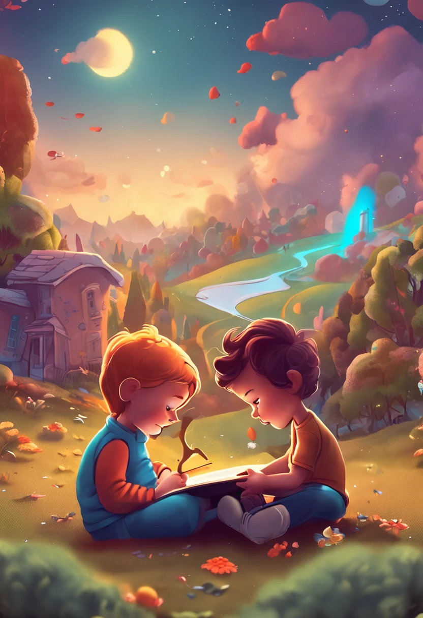 There's a child reading a book, A thought balloon where the story of friendship takes place, it's the story the child is reading, A book about emotions. Where the child is lying there are teddy bears and toys. An illuminated and fun sky.