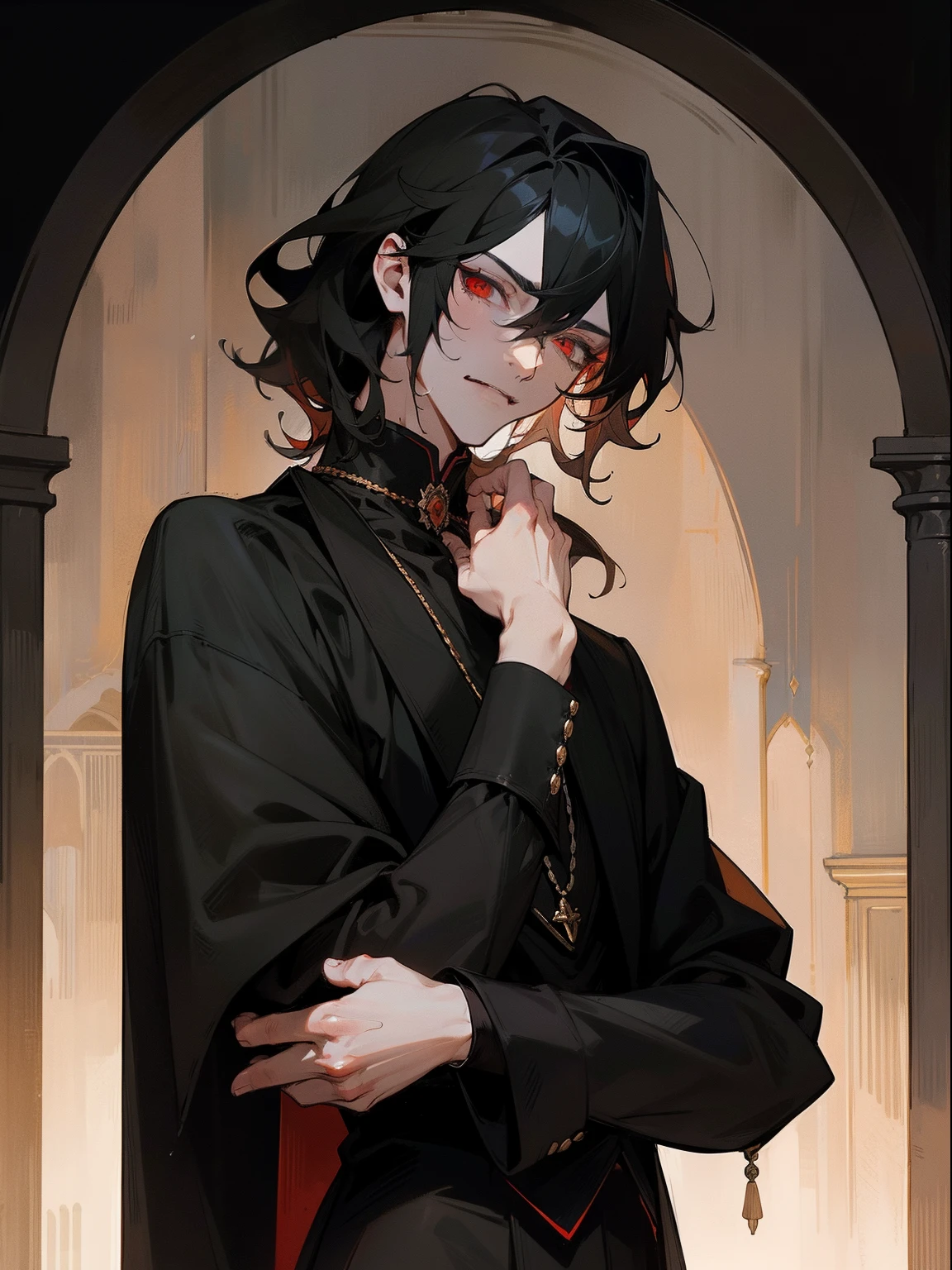 masterpiece, best quality, male character, black hair hair, red eyes, mullet, wavy hair, short hair, vampire, fangs,  religious imagery, rosary, stylized character design, high quality character design, detailed character design, great character design, male, highly detailed outfit, hot, seme, sakuma rei, antique, garter belts, frontage, lateral face, lovely boy, perfect face, detailed eyes, elegant, muscular, handsome man, dark, facing camera, bloody, gothic, vampirism, pierced ears, elegant, handsome, historic, dark background, dark room, candid, neutral face, very dark background, indoors, nighttime, relaxed, peaceful, midnight, posing, prayer, beautiful, happy, kind, gentle, tall man, sexy anime man, hot anime man