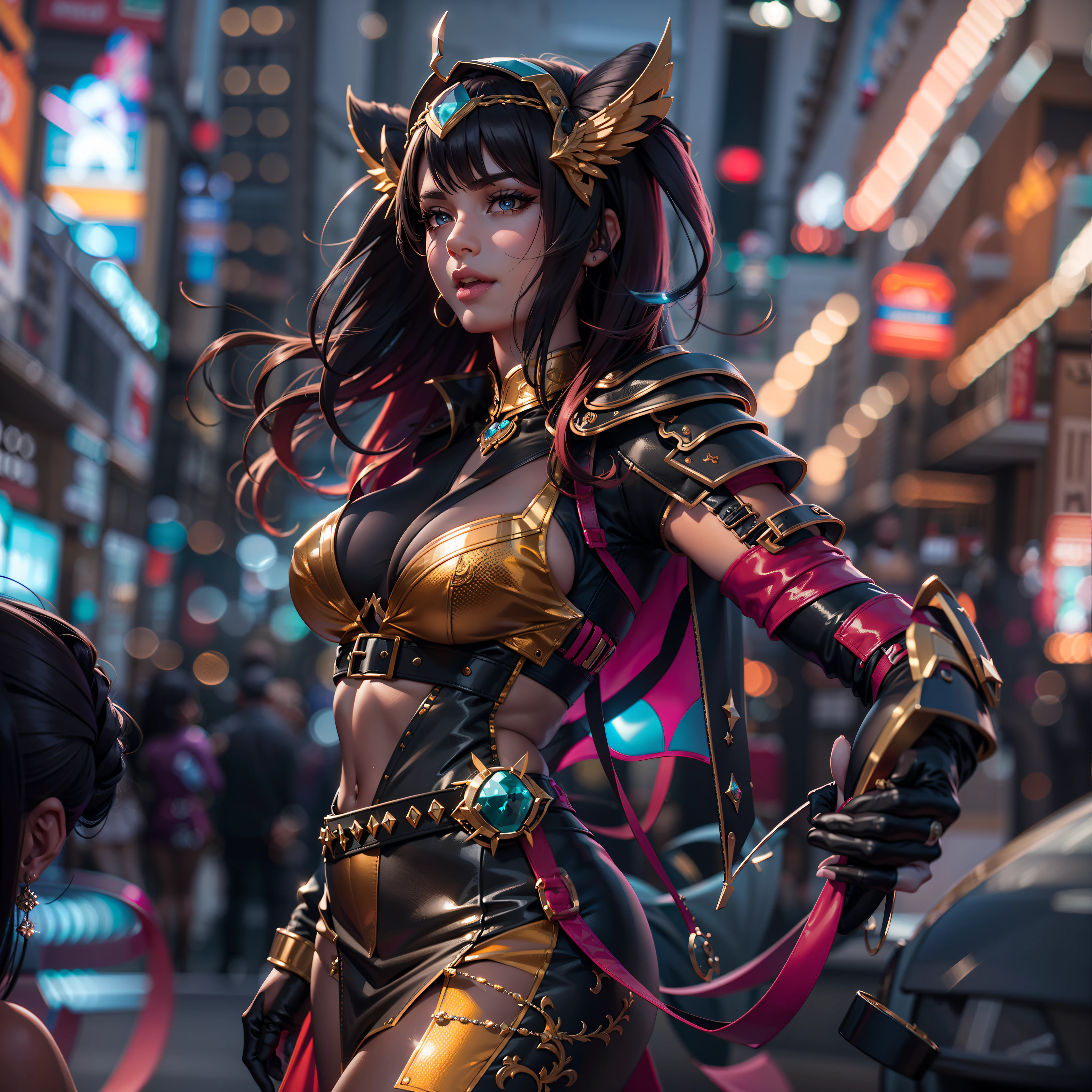 Beautiful woman detailed defined body using Skimpy leather armor with a sabre on the hand , medium breasts, (visible ) , dark blue hair with red highlights, dark red lipstick, green eyes, Nipple transparent trought costume