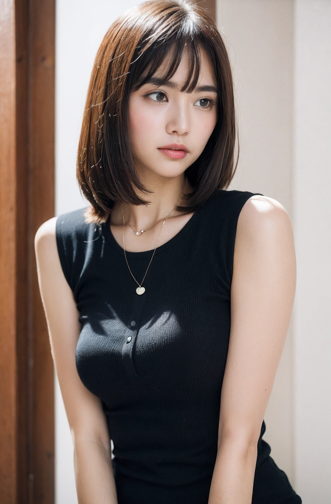 8K、top-quality、​masterpiece、超A high resolution、photo-like、SLR、beautiful japanese female、Elegance、There is a good、Gentle face、Beauty of the wind、Moist beauty、short-cut、Keep your bangs neat and tidy、Looking down，From below，、The eyes are far away、Transparent atmosphere、Beautiful face、Raised corners of the mouth、drooing eyes、Tanuki face、wrist watch、a necklace、A bracelet、Gradient lighting、Drop long bangs to the side、Girls and men、Delicate skin、Look into the distance、Brown-eyed、up chest、the shape of the chest is clear,,,,、very very gigantic boobs、breasts are large、Raw photography、(pureerosface_v1:0.5)、Polka Dot Puff Sleeve Button Front Blouse、Front button、Ｖbottleneck、white  clothes、Sleeveless、no sleeves、Sleeveless blouse、sleeve less、tight fitted、white  clothes、、Sexy clothes、Sheer feeling、Take your eyes off、subject、Lean、Look here、Ass big、big butts、bbw、morning sunlight、a park、The morning sun is dazzling、posterior view、facing back、stick out buttocks、Composition from behind、Over the back、