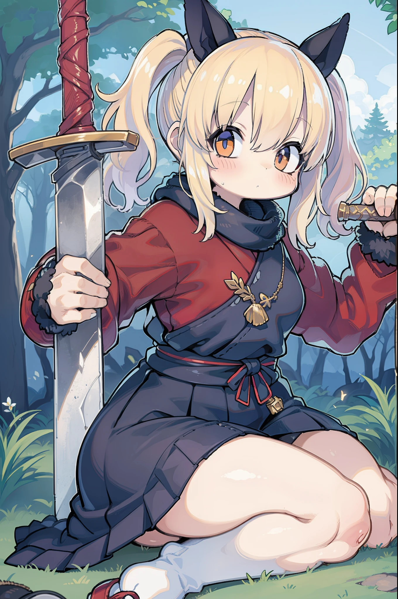 samurais、Wield a giant sword、Cute 12 years old、Hold on the upper row