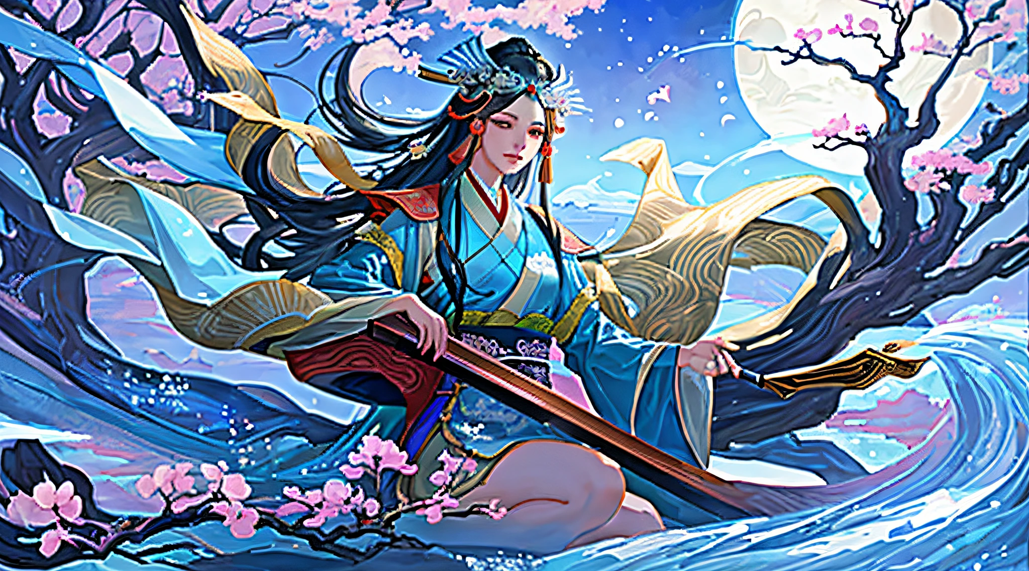 1girl in red dress playing piano sitting in trees, long hair,Big sleeves, long hair in the air,Beautiful celestial mage, Sea Empress Mu Yanling, Onmyoji detailed art, beautiful fantasy empress, ((full-body xianxia)),Chinese fantasy, Goddess of the sun, Beautiful young wind spirit, Inspired by Lanying,Best quality,High quality,8K,4k,the wallpaper,(Super beauty,Beautiful face),((hanfu)),((Bright color, high saturation((,detailed,(denoise:1.2),(realistic),