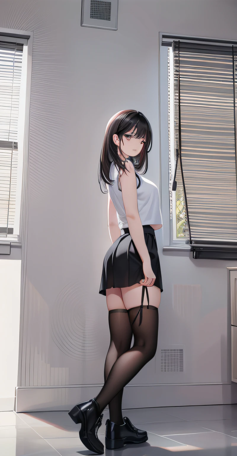 (8K、Highest image quality、highest quality、masterpiece)、detailed face、((1 girl))、black hair、two side up、gray eyes、evil smile、((grin))、earringoderate chest、((white shirt))、((black miniskirt))、((garter belt))、((skirt low))、((black panties))、cowboy shot、Take from below、Gym storeroom