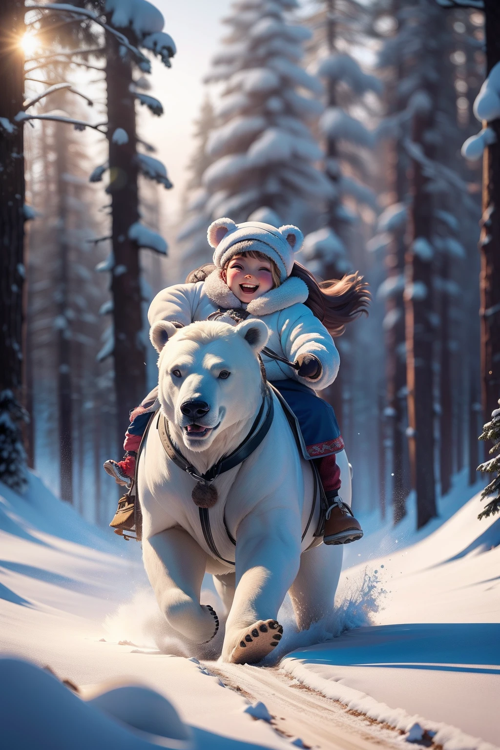 A very dynamic scene. A huge polar bear runs fast. On the back of the bear sits a little Eskimo girl ***********. The girl is very cheerful, laughs broadly and waves his hands affably. The girl is dressed in national northern clothes. a closeup of a. a lot of details. Disney Pixar's cartoon style. super realistic. Cinematic. Motion-blurred background of coniferous winter forest. Light haze.