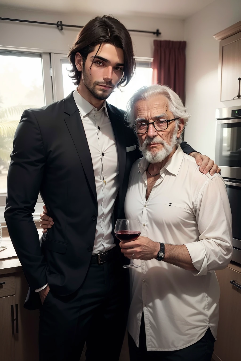Homem velho, cabelo curtos,vestido como um rei, like a glass of wine in hand, junto de um homem jovem de cabelos loiro olhos pretos, sem