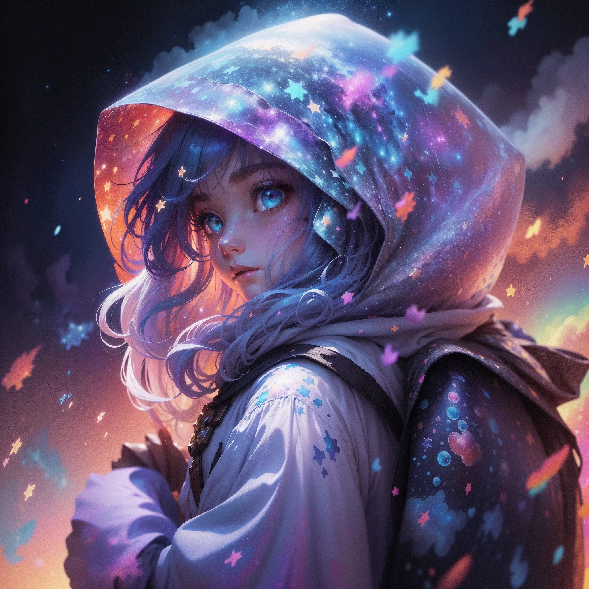((masterpiece)), (((best quality))), ((ultra-detailed)), ((illustration)),[realism light effect],shadow,(Fantasy style),(white background:1.6), simple background, (earth theme),(a cloak)[(hair focus,((1girl)),[(big slime hair): (cloud hair):0.3], (hair on background),(high saturation),(hair surrounded by galaxy splashes),)):((her hair is becoming galaxy clouds,:1.27628), (hair and clothes is galaxy clouds and cluster of stars:1.1025),(a cloak is becoming galaxy clouds)(colorful_galaxy_print_clusters_of_stars_print:1.35),((detailed starry sky with colorful galaxy and galaxy clouds):1.2)):0.35], (((masterpiece))),(((best quality))),((ultra-detailed)),(illustration),(dynamic angle),((floating)),(paint),((disheveled hair)),((beautiful detailed face)),collar,bare shoulders, ((colorful hair)),((streaked hair)),beautiful detailed eyes,(Gradient color eyes),(((colorful eyes))),(((colorful background))),(((high saturation))),(((surrounded by colorful splashes))),(((surrounded by colorful dot))),colorful bubble,((shining)),
