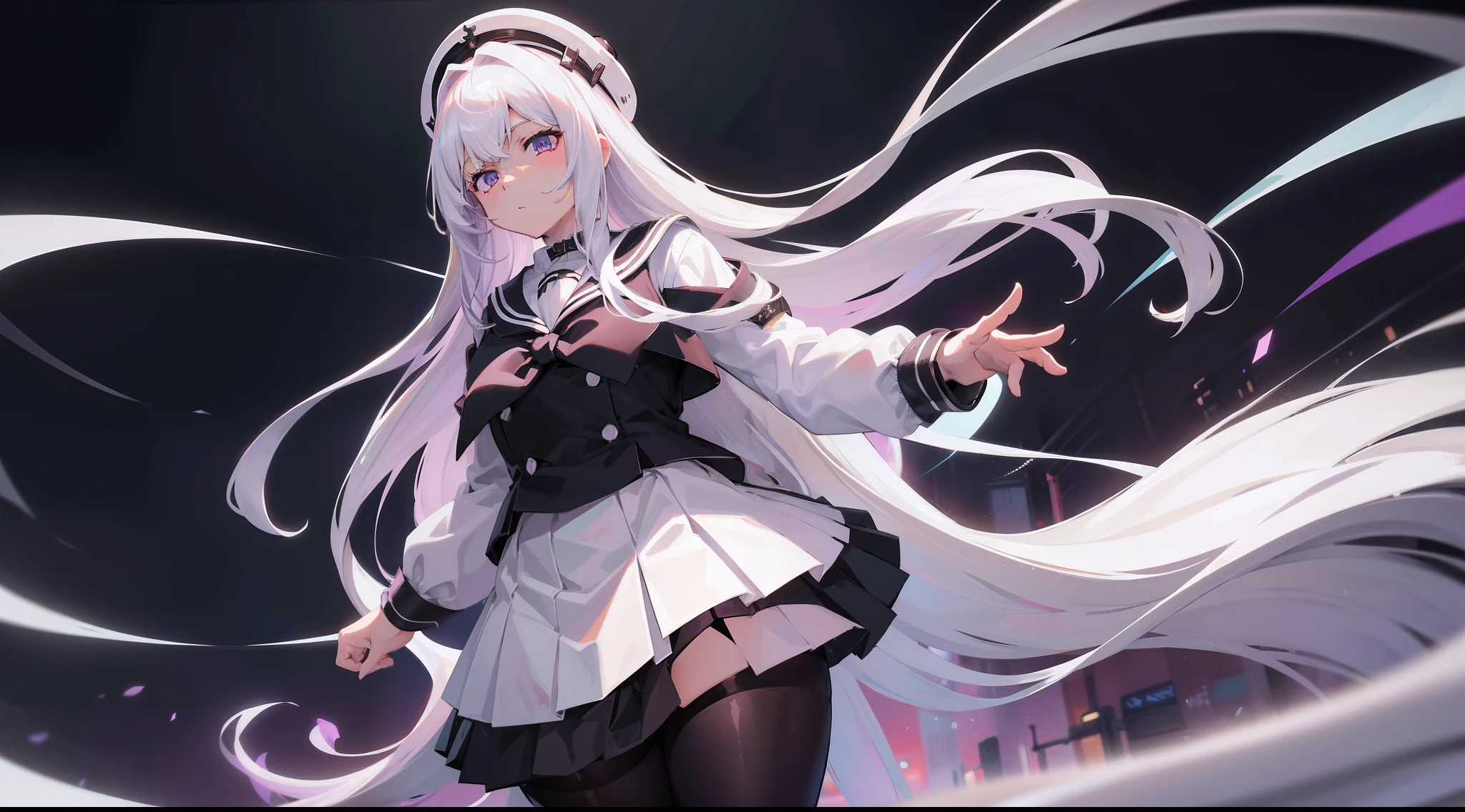 Long white hair, Deep purple eyes, Black pleated skirt，Inside was a white sailor suit，Wearing black pantyhose, Plump body, An anime character, Only one person，Drinking brown drinks on the street