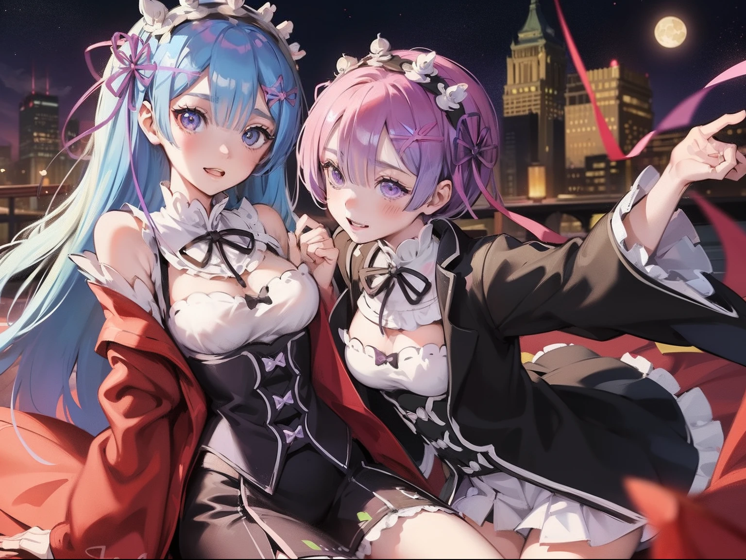 {kimetsu_no_yaiba style}, rem(Re:Zero), {1girl}, 1girl, masterpiece、top-quality、Blue shortcuts、Purple eyes、grinning evily、{onimous}、{tusk}、{bloods}、a moon、full bodyesbian、