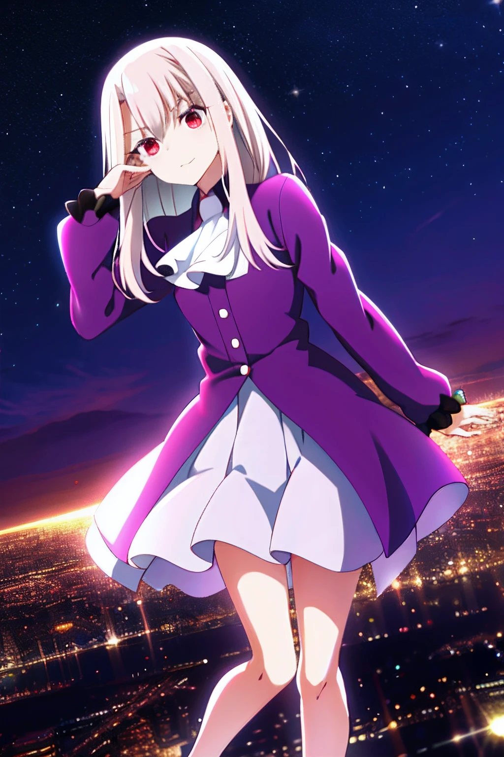 （tmasterpiece：1.4）， （best qualtiy：1.4）， 1girll， 独奏， kawaii，under below， standing on your feet， Red eyes， White hair， long whitr hair， （Eliasville, Edsborn：1.2）， By bangs， The hair is between the eyes， scowling， looking at viewert，Purple shirt，white  skirt，purple ascot， 城市， view over city， Skysky， the night,full bodyesbian