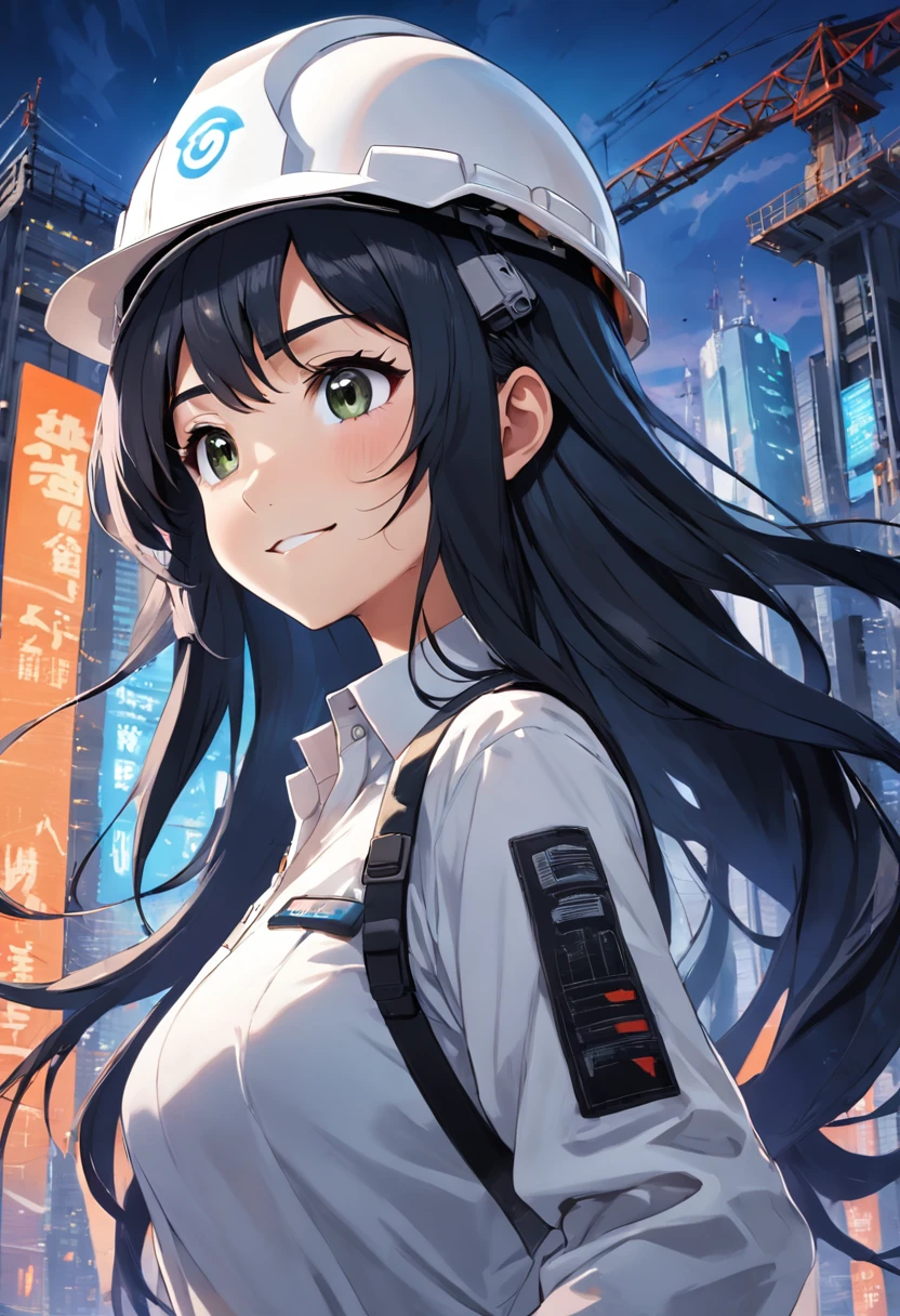 This is a photo of a woman named Fernanda Suárez. She is a civil engineer,Looks about 50 years old. She has long black hair,Wearing a white shirt。. She smiles while wearing a construction helmet. The background is a futuristic architectural background.