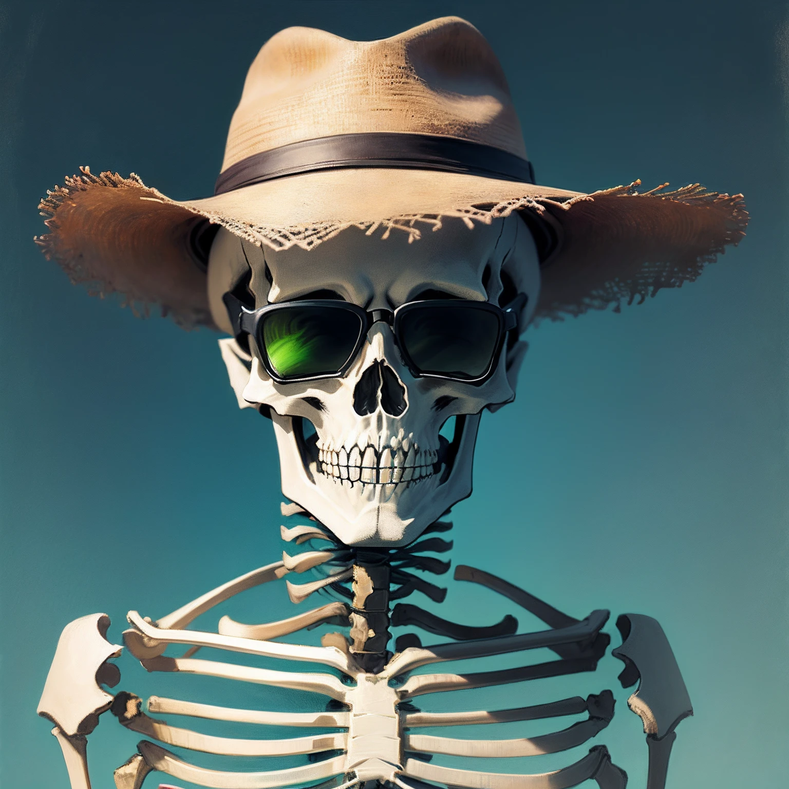 A skeleton，Wearing sunglasses，Also wearing a bright green hat，The skeleton is painted with strange patterns