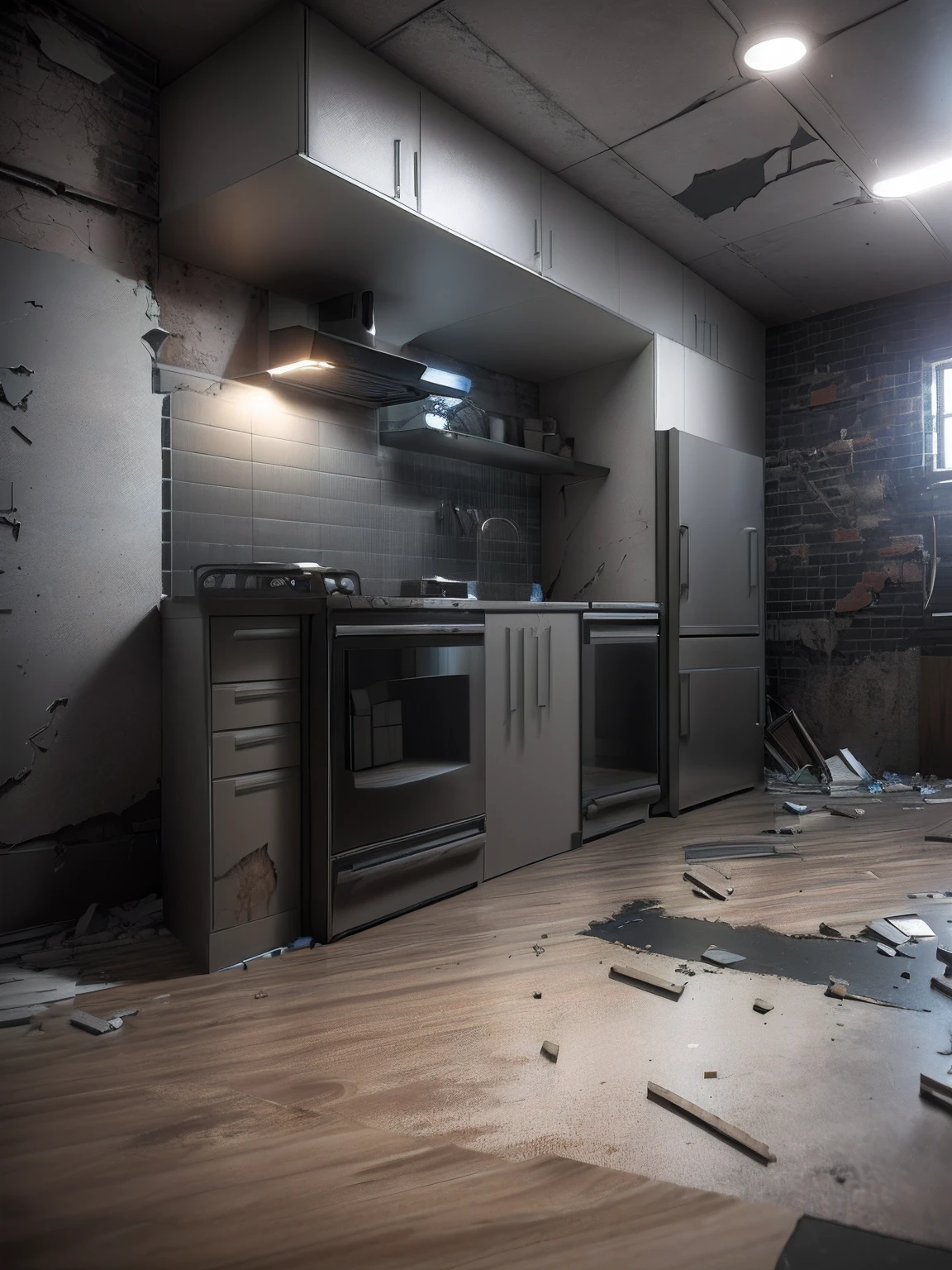 3D Model HD Rendering, Architectural Rendering, Right Angle Isometric View, 45 Degree Angle, (Gray Background), High Detail, Cinematic, Global Illumination, Realistic Lighting, Unreal Engine Rendering, Substance 3D, Octane Rendering, (HDR:1.3), (Cluttered Dilapidated Street Shops, All Over the Floor), Crash, Combat Damage Style, Overgrown
