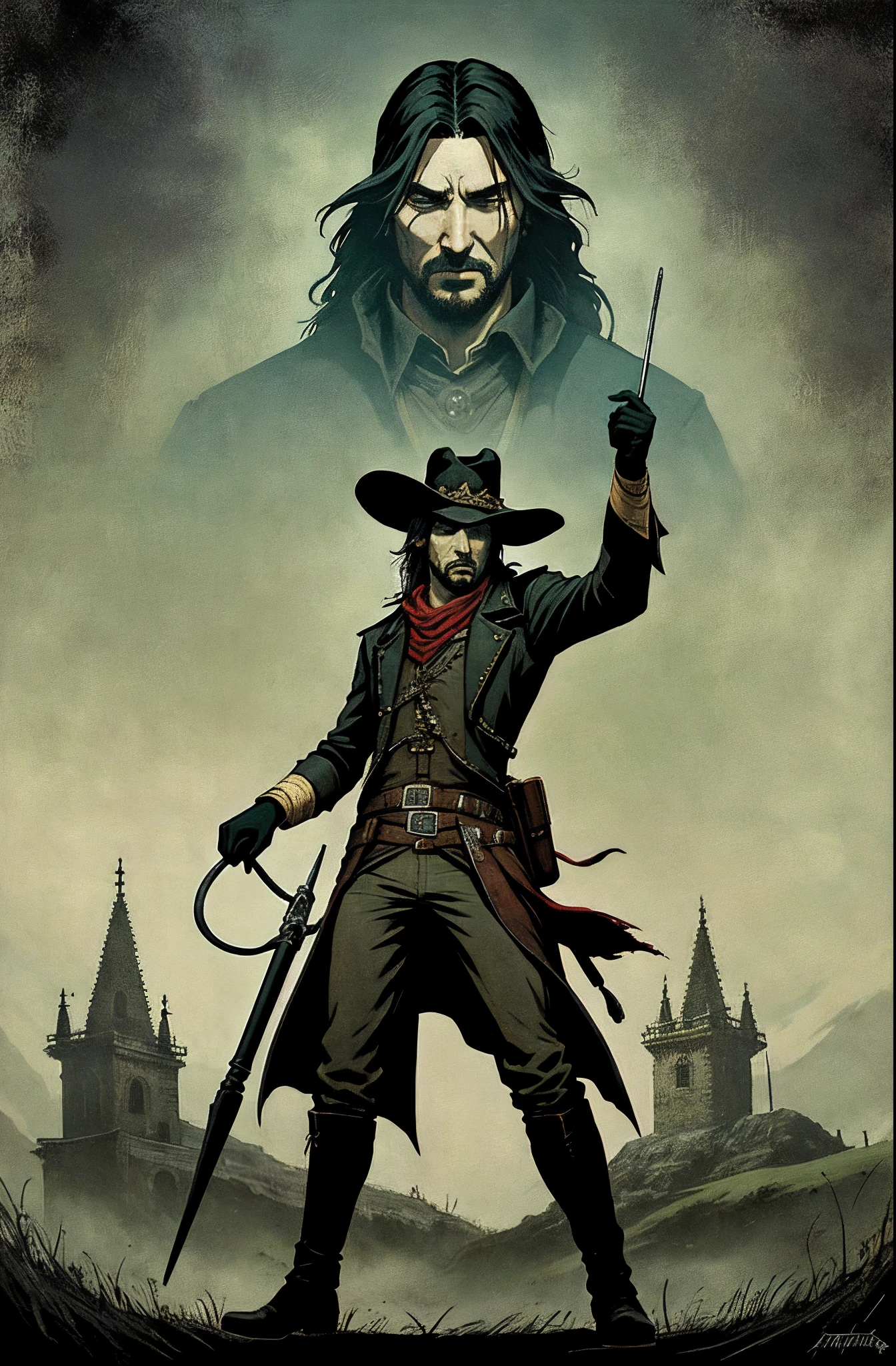 pintura de um homem, olhos abertos, olhos verdes esmeralda, olhos detalhados Escuro, plano de fundo Van Helsing, estilo Van Helsing, Van Helsing, tomado,o realista Solomon Kane, as a solomon kane, portrait of a bloodborne hunter, Tim Bradstreet, Arte Sangrenta, oeste estranho, Jessé McCree, Directed by: Hiroyuki Tajima, terras mortas, Pistoleiro, Fazer software, Directed by: Yoshihiko Wada, Leiji Matsumoto, Estilo de arte Red Dead Redemption (( Full Body Shot ))